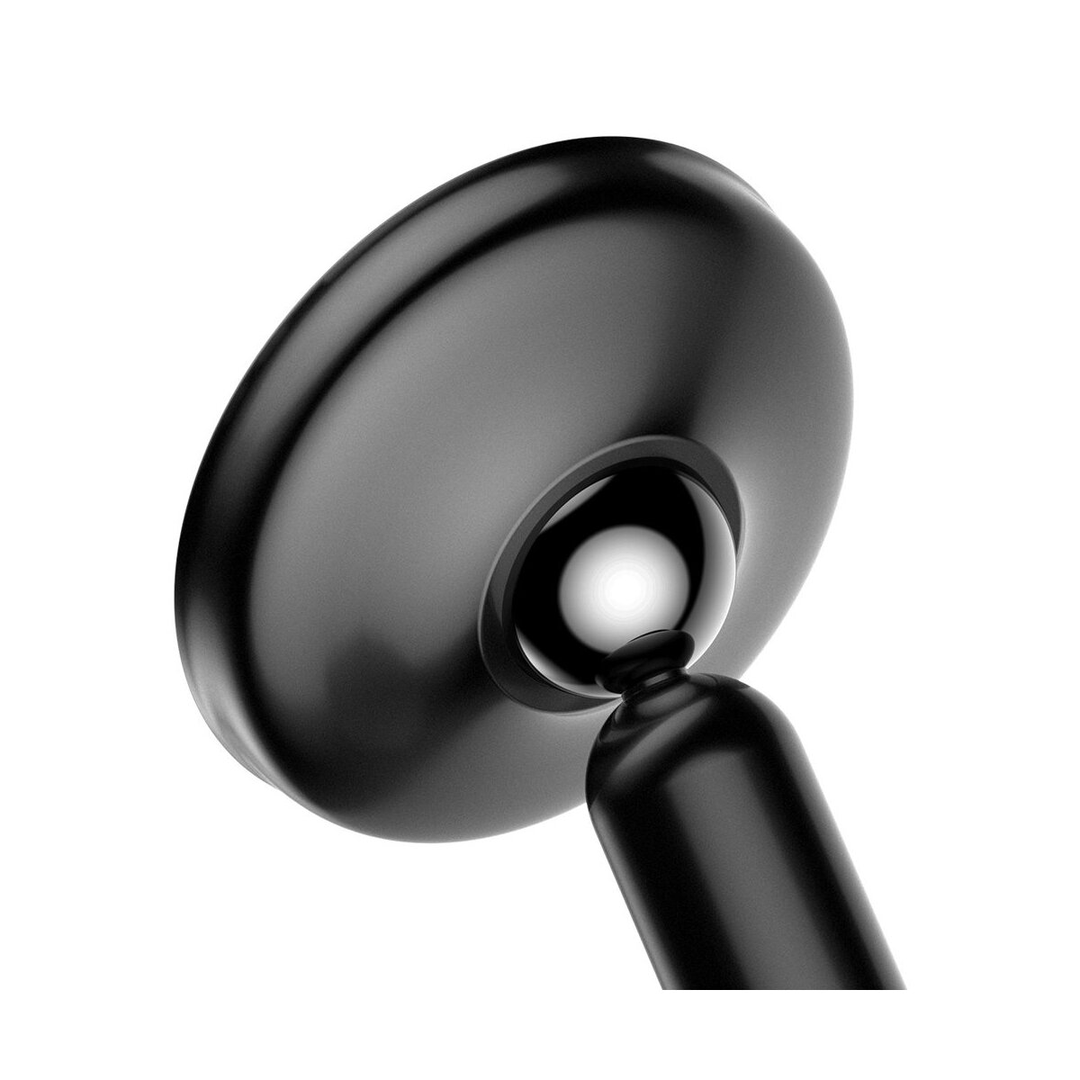 Czarny uchwyt samochodowy na telefon z przegubem kulowym i okrągłą podstawą. Na białym tle.