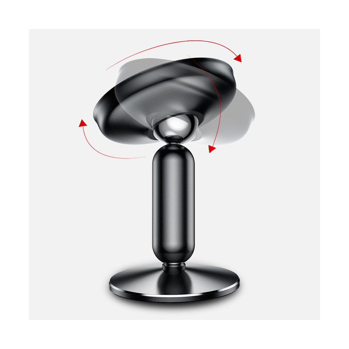 Czarny uchwyt samochodowy z obrotową górą. Czerwone strzałki wskazują kierunek obrotu. Podstawa okrągła.