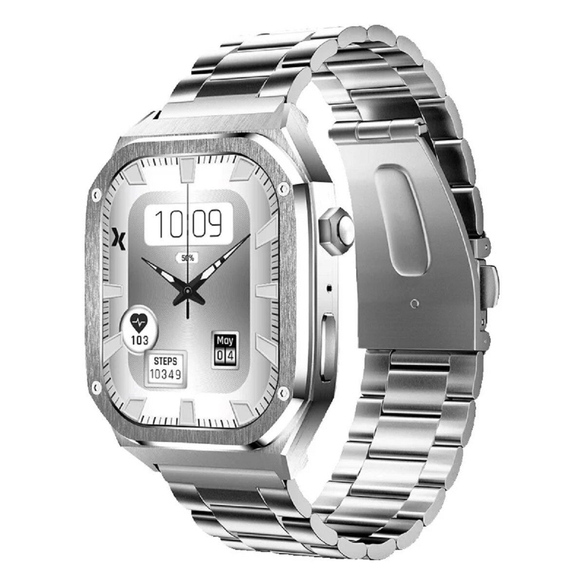 Silberne Smartwatch mit Metallarmband. Der Bildschirm zeigt Zeit- und Gesundheitsdaten an.