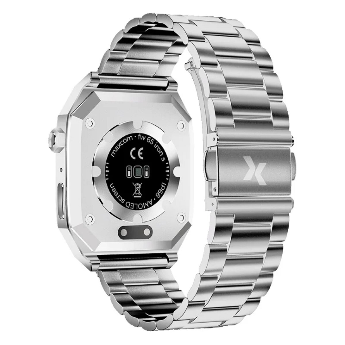 Silberne Smartwatch. Rückansicht mit Details: maxcom, fw 65 iron s, AMOLED-Display und Herzfrequenzsensor.