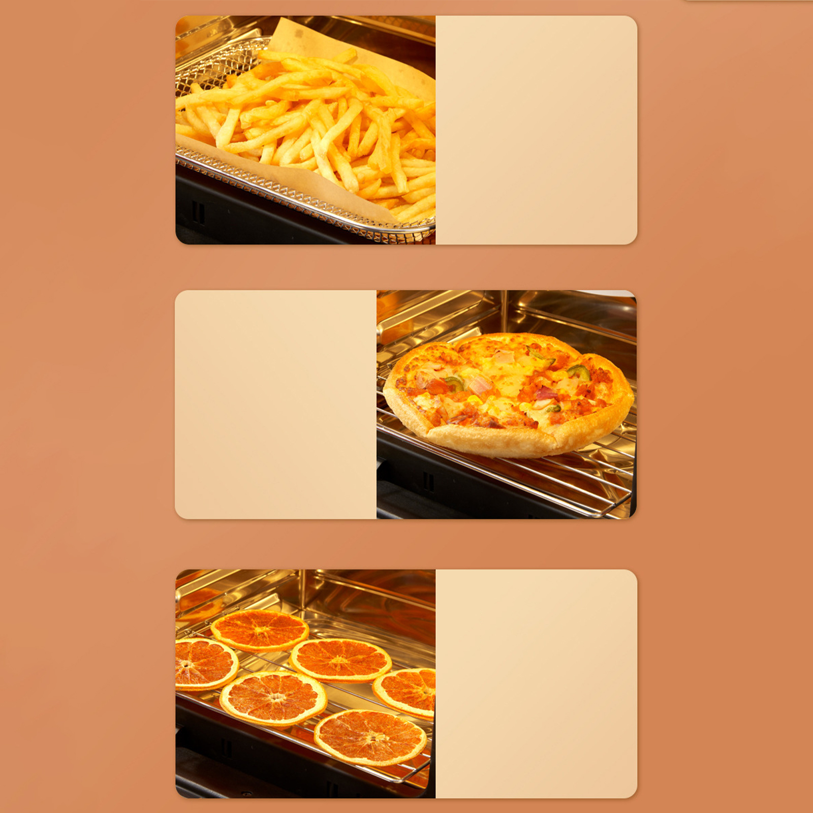 Drei Abschnitte mit Essen in einer Fritteuse: Pommes, eine Pizza und Orangenscheiben. Alles auf braunem Grund.