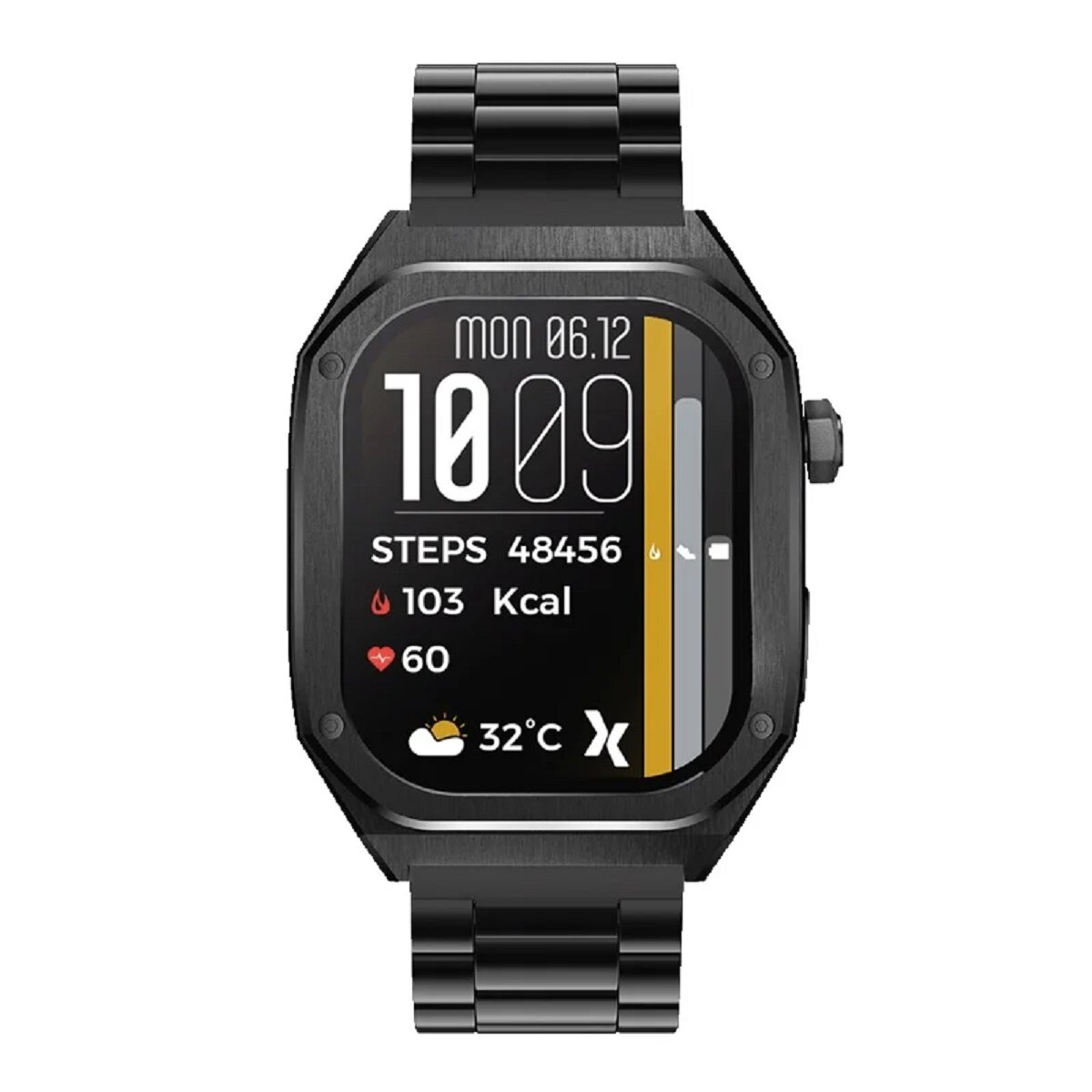Schwarze Smartwatch, Vorderansicht, zeigt Uhrzeit, Datum, Schritte, Kalorien und Herzfrequenz auf dem Bildschirm.