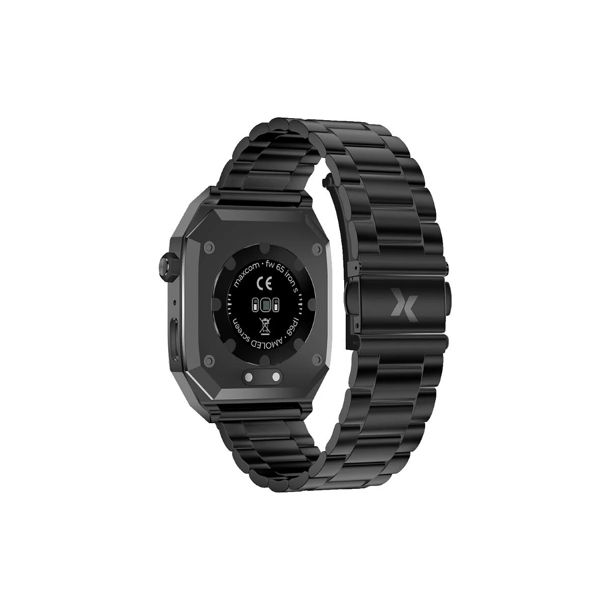 Schwarze Smartwatch-Rückseite mit schwarzem Armband. Die Uhr hat ein quadratisches Zifferblatt.