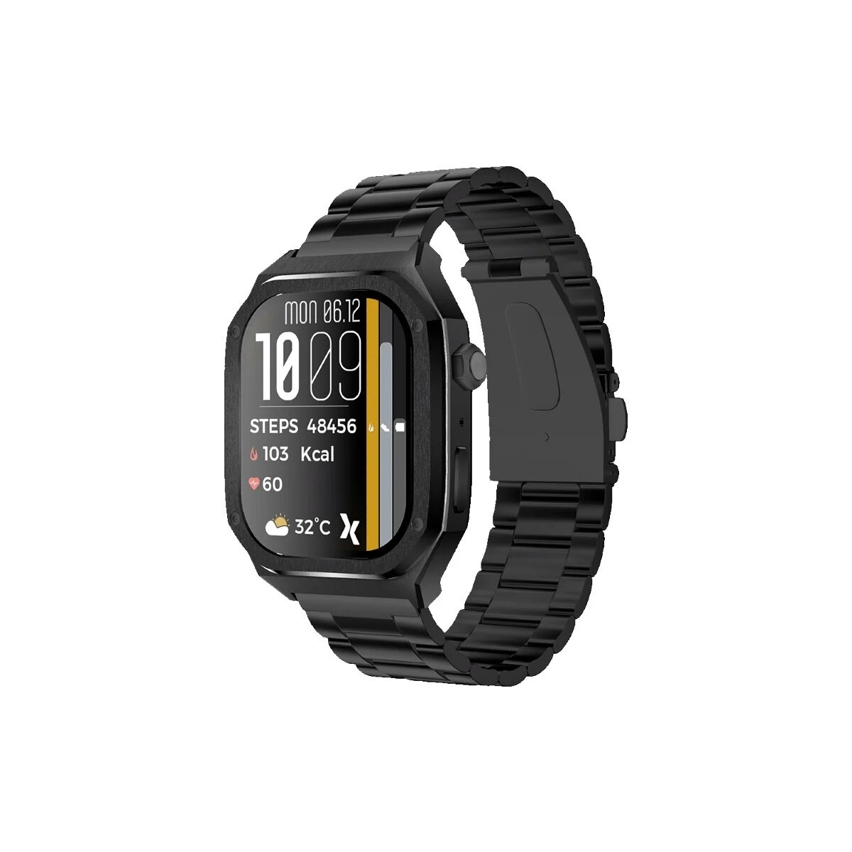 Schwarze Smartwatch mit schwarzem Metallband. Der Bildschirm zeigt Zeit, Datum und Aktivitätsdetails an.