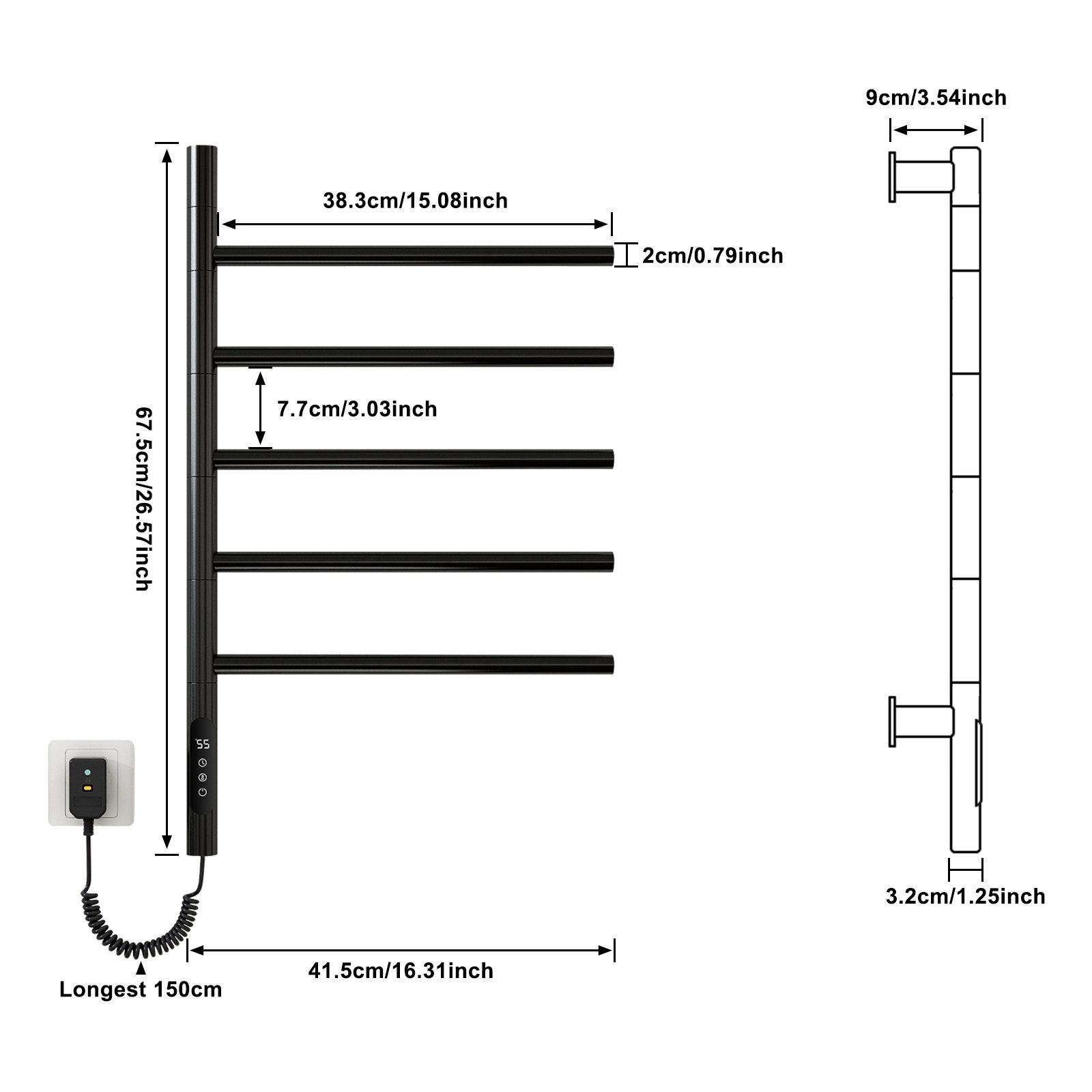 Diagramm eines schwarzen beheizten Handtuchhalters, mit Abmessungen in cm/Zoll, neben einer Seitenansicht.