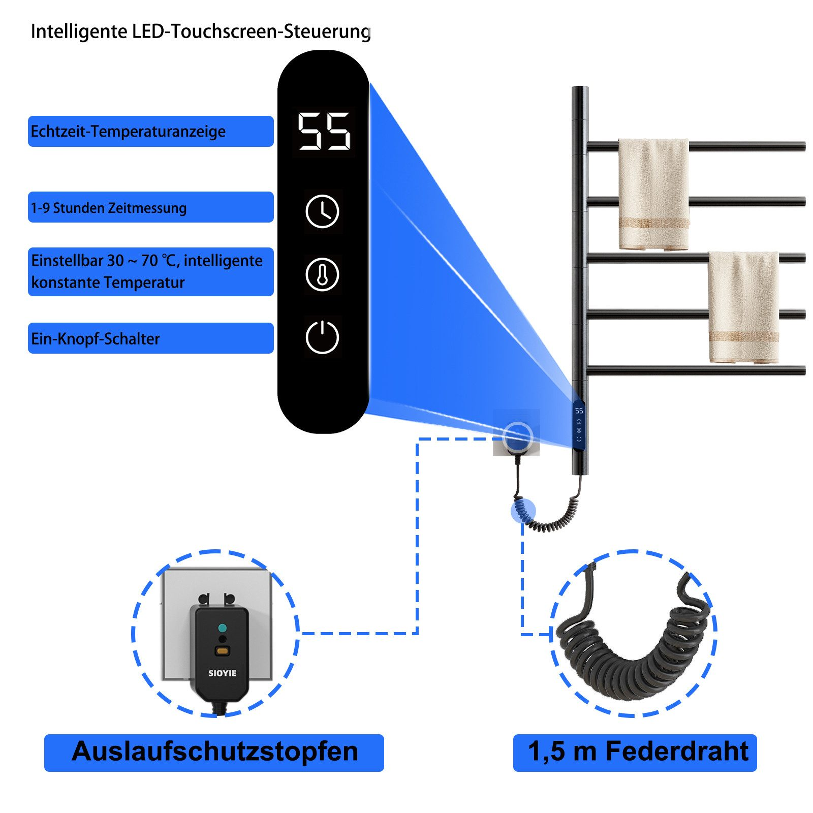 Diagramm eines Handtuchhalters mit Bedienfeld, Netzkabel und Text auf Deutsch.