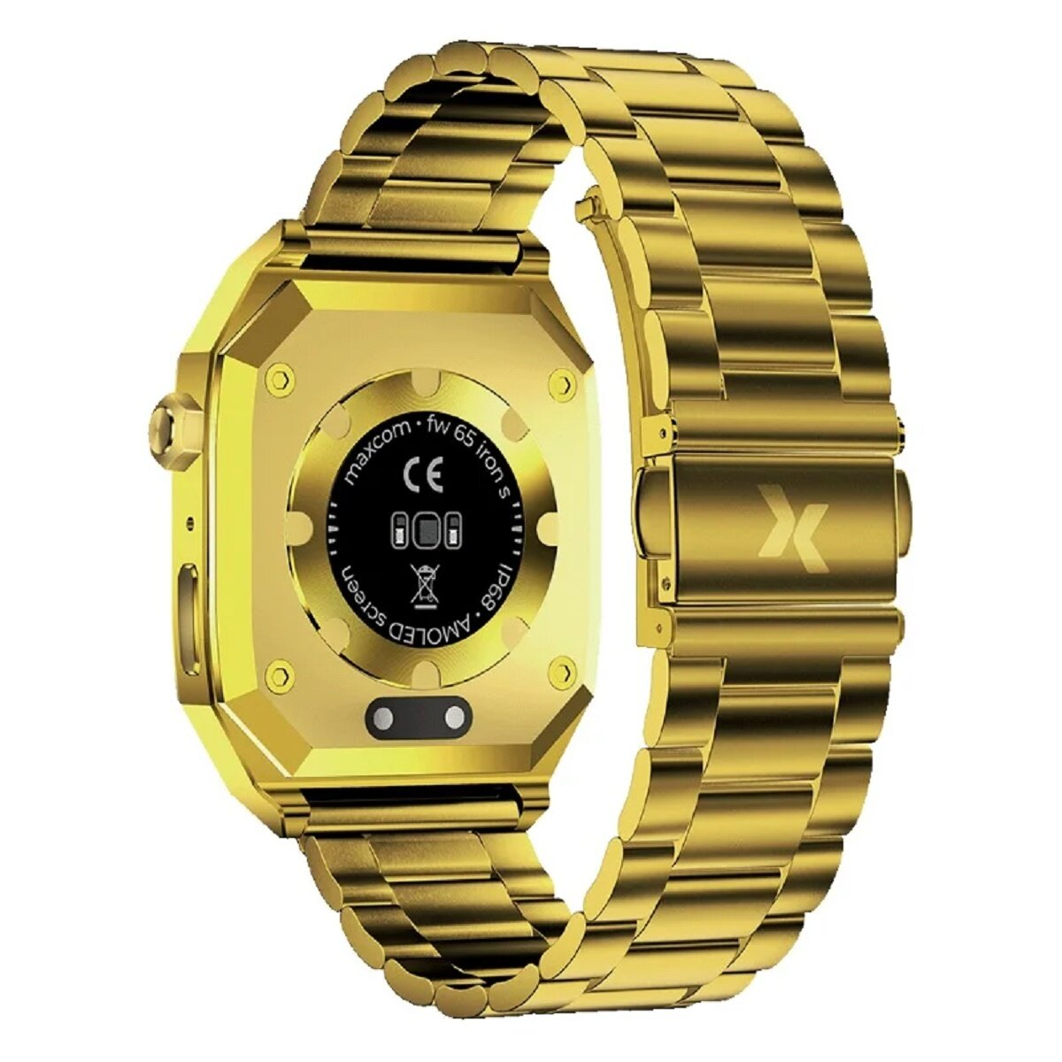 Rückansicht einer goldenen Smartwatch. Sie zeigt die Geräteinformationen und das Armband.