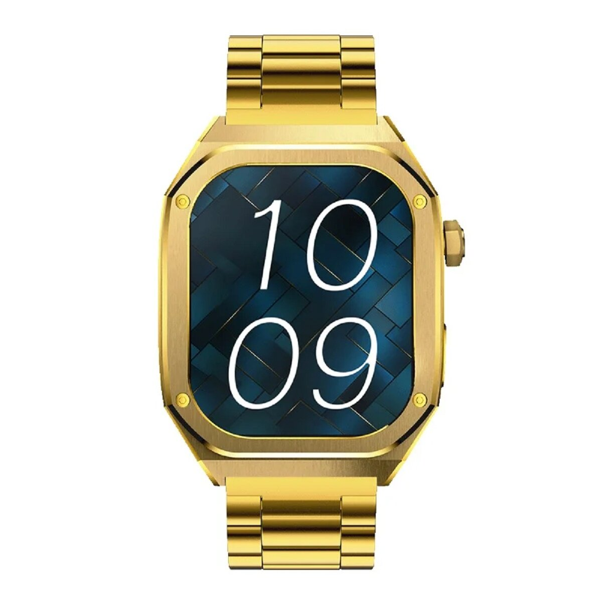 Goldene Smartwatch mit blau gemustertem Bildschirm, der die Zeit anzeigt.
