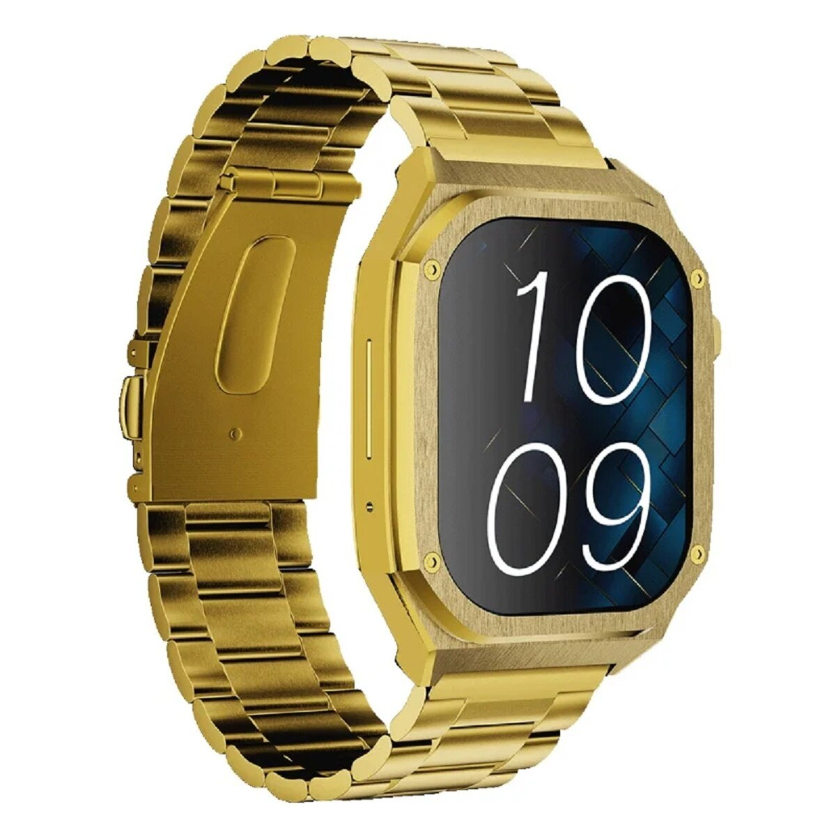 Eine goldene Smartwatch mit Metallarmband. Der Bildschirm zeigt die Uhrzeit und ein blaues Muster.