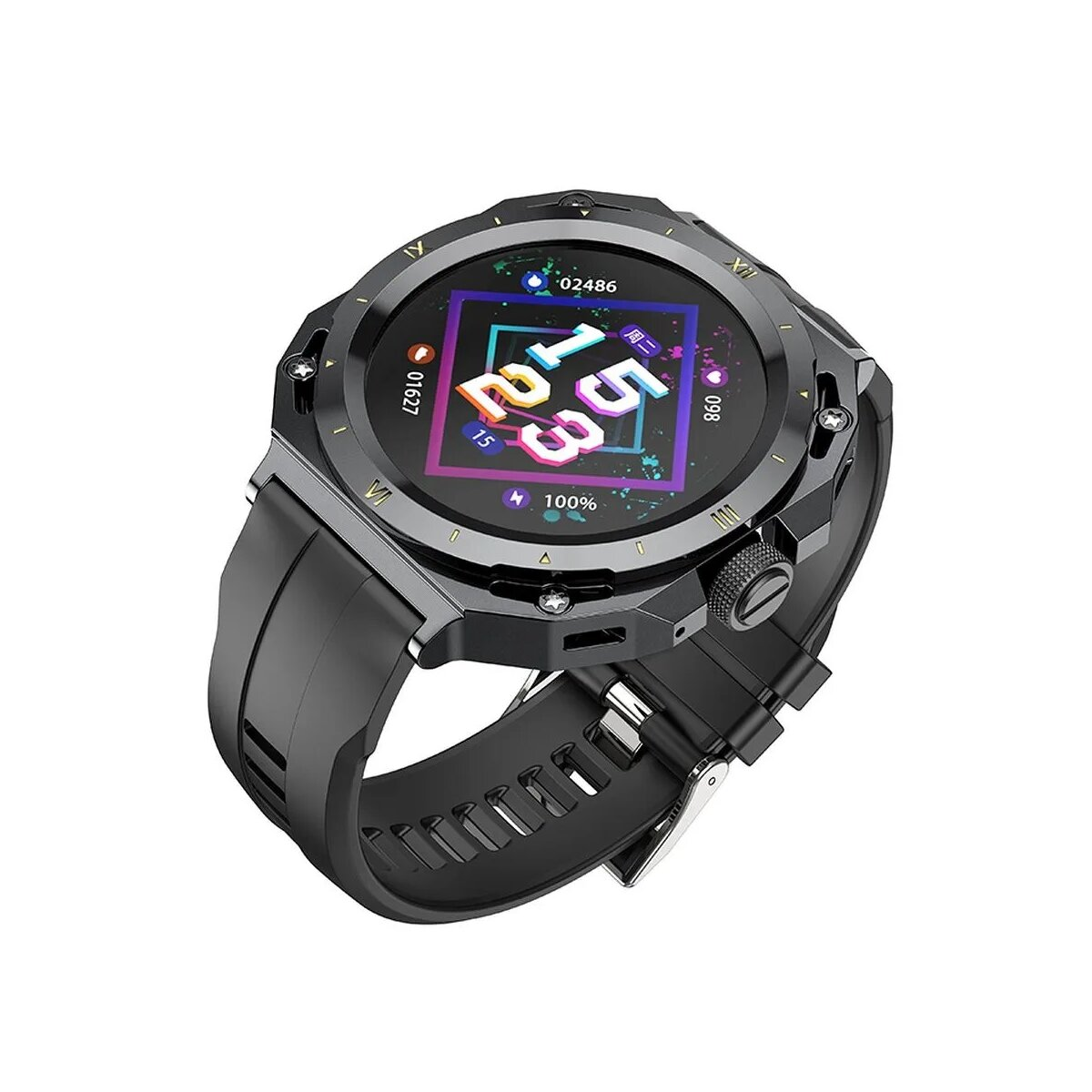 Smartwatch nero con cinturino nero, cassa in metallo e display digitale, sfondo bianco.