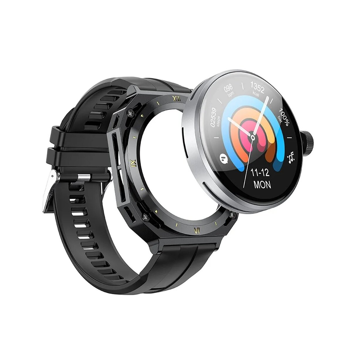 Smartwatch nero e argento con quadrante fluttuante che mostra dati attività, su cinturino nero.