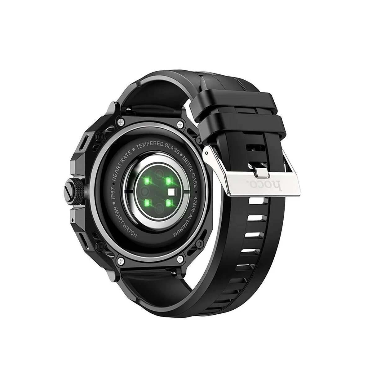 Smartwatch nero con cinturino nero. L'orologio mostra il suo retro con una luce verde al centro.