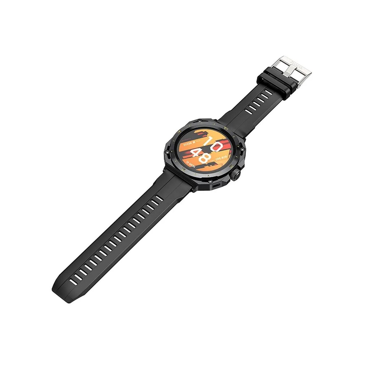 Smartwatch nero e arancione con cinturino nero, che mostra ora e dati fitness.
