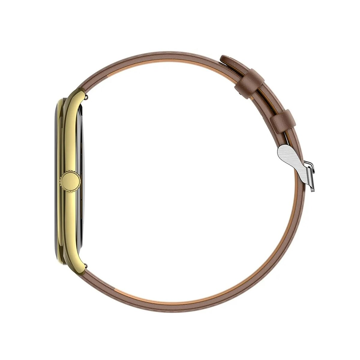 Seitenansicht einer goldenen Uhr mit braunem Lederarmband, auf weißem Hintergrund.