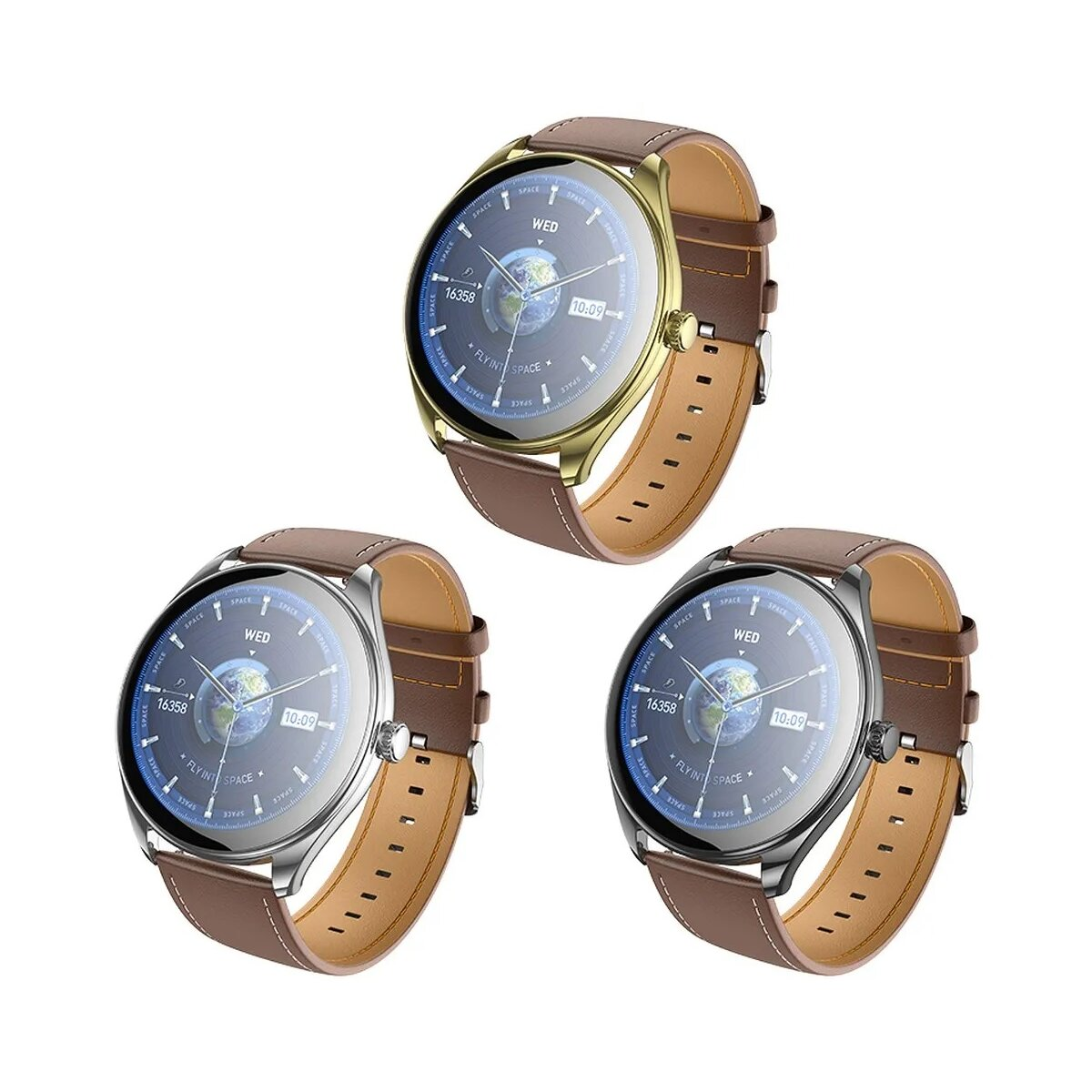 Drei Smartwatches mit braunen Lederarmbändern werden angezeigt, jede in einer anderen Farbe.