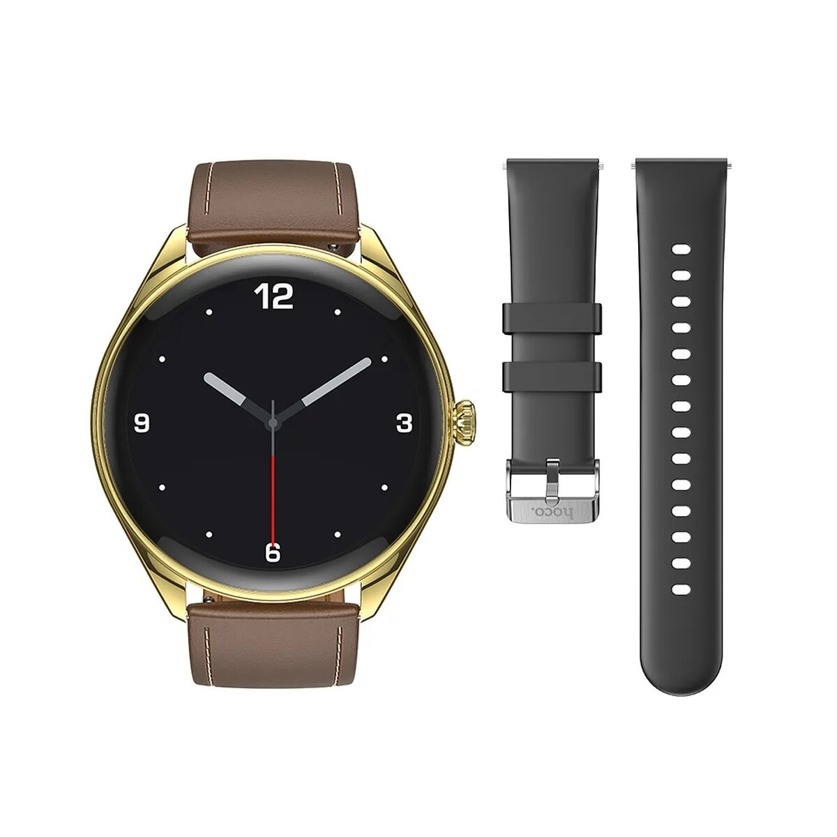 Goldene Uhr mit schwarzem Zifferblatt, braunem Armband und zwei schwarzen und grauen Armbändern.