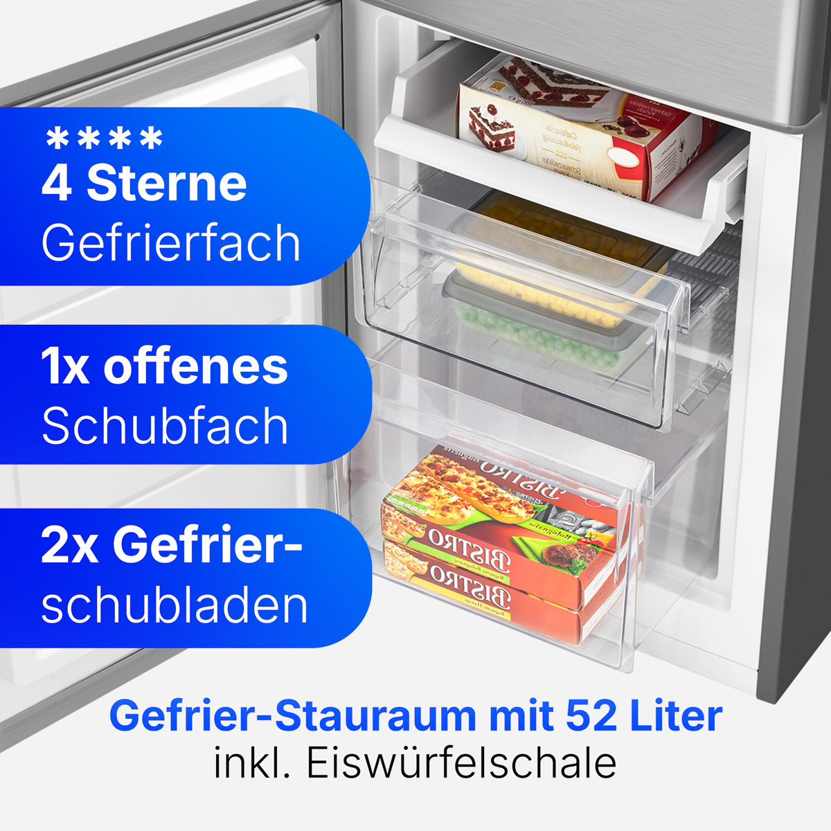 Im Inneren eines Kühlschrank-Gefrierschranks. Es gibt Regale mit Tiefkühlkost. Text auf Deutsch ist sichtbar.
