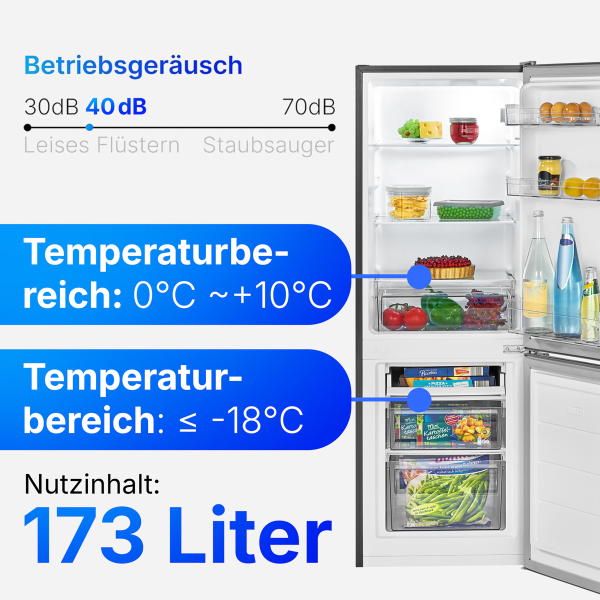 Geöffneter Kühlschrank mit Lebensmitteln. Enthält Regale mit Artikeln und Schubladen mit Gemüse und Tiefkühlkost.