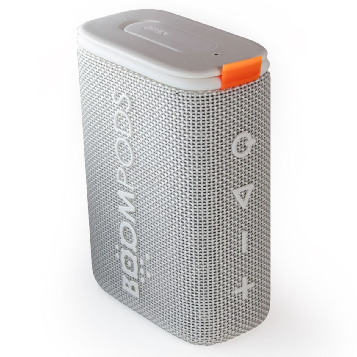 Een witte en grijze luidspreker met het woord 'BOOMPODS'. Oranje accent.