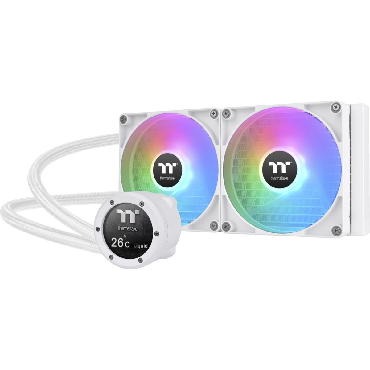 Sistema di raffreddamento per computer bianco con due ventole che mostrano luci colorate, tubi bianchi e custodia bianca.