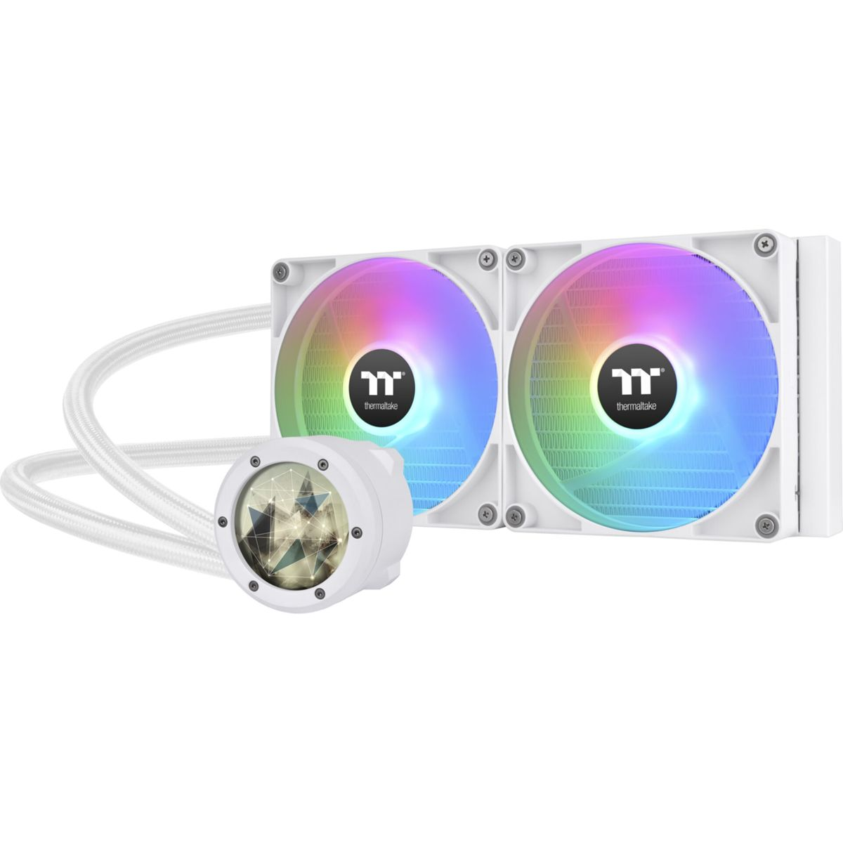 Un sistema di raffreddamento per computer bianco con due ventole e una pompa.