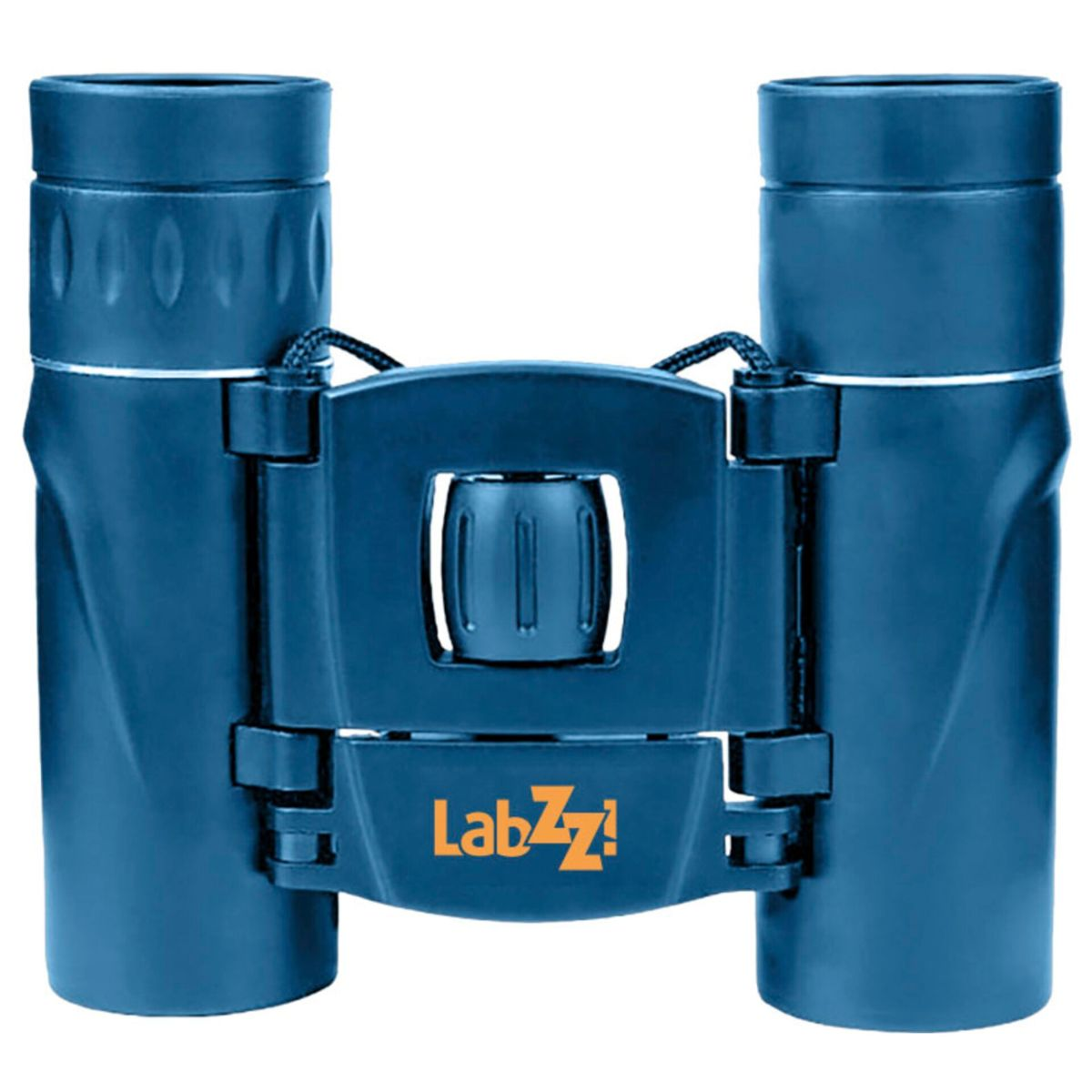 Niebieska lornetka z pomarańczowym logo na białym tle. Lornetka jest złożona.