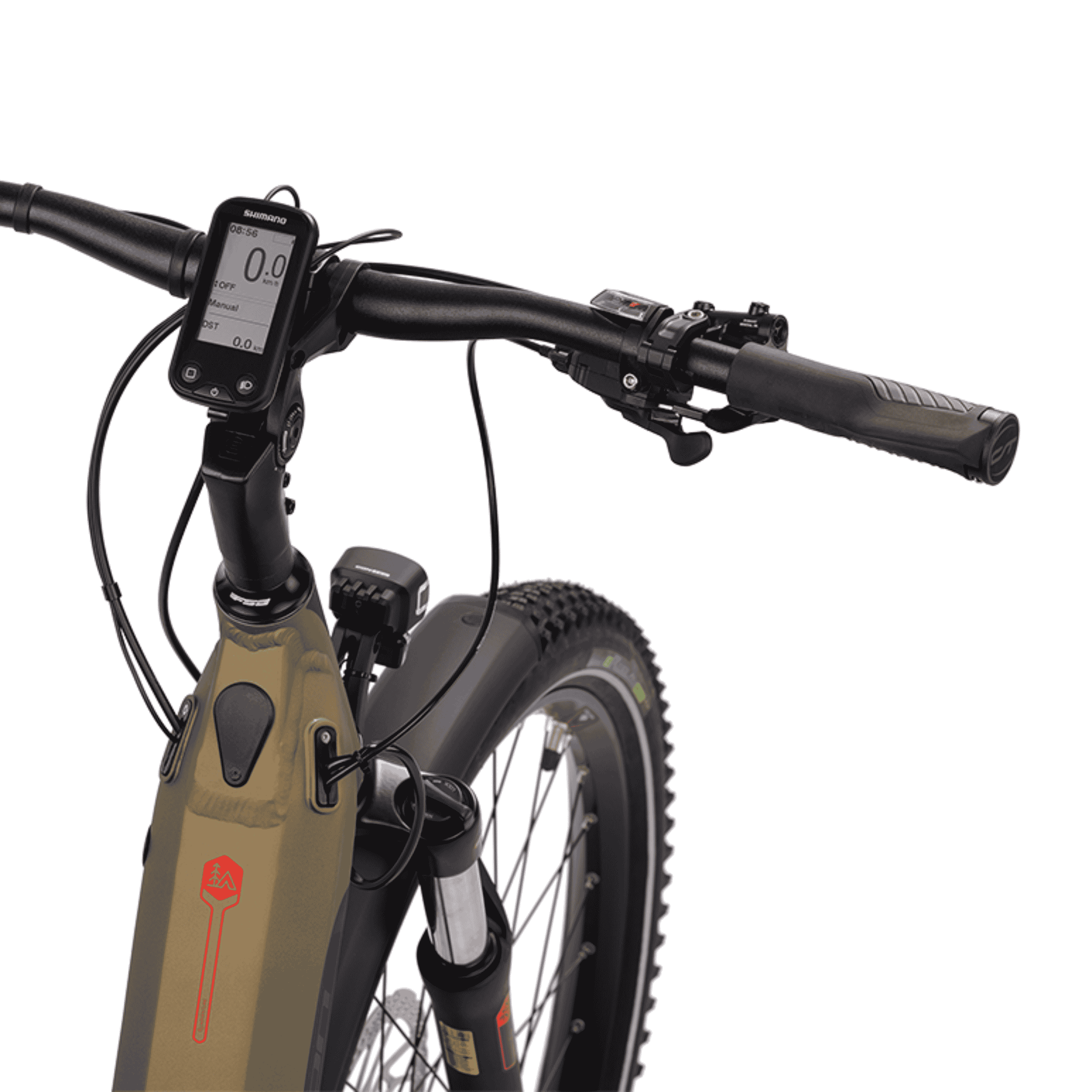 Der Lenker eines Mountainbikes mit Digitalanzeige, Lichtern und Bedienelementen.