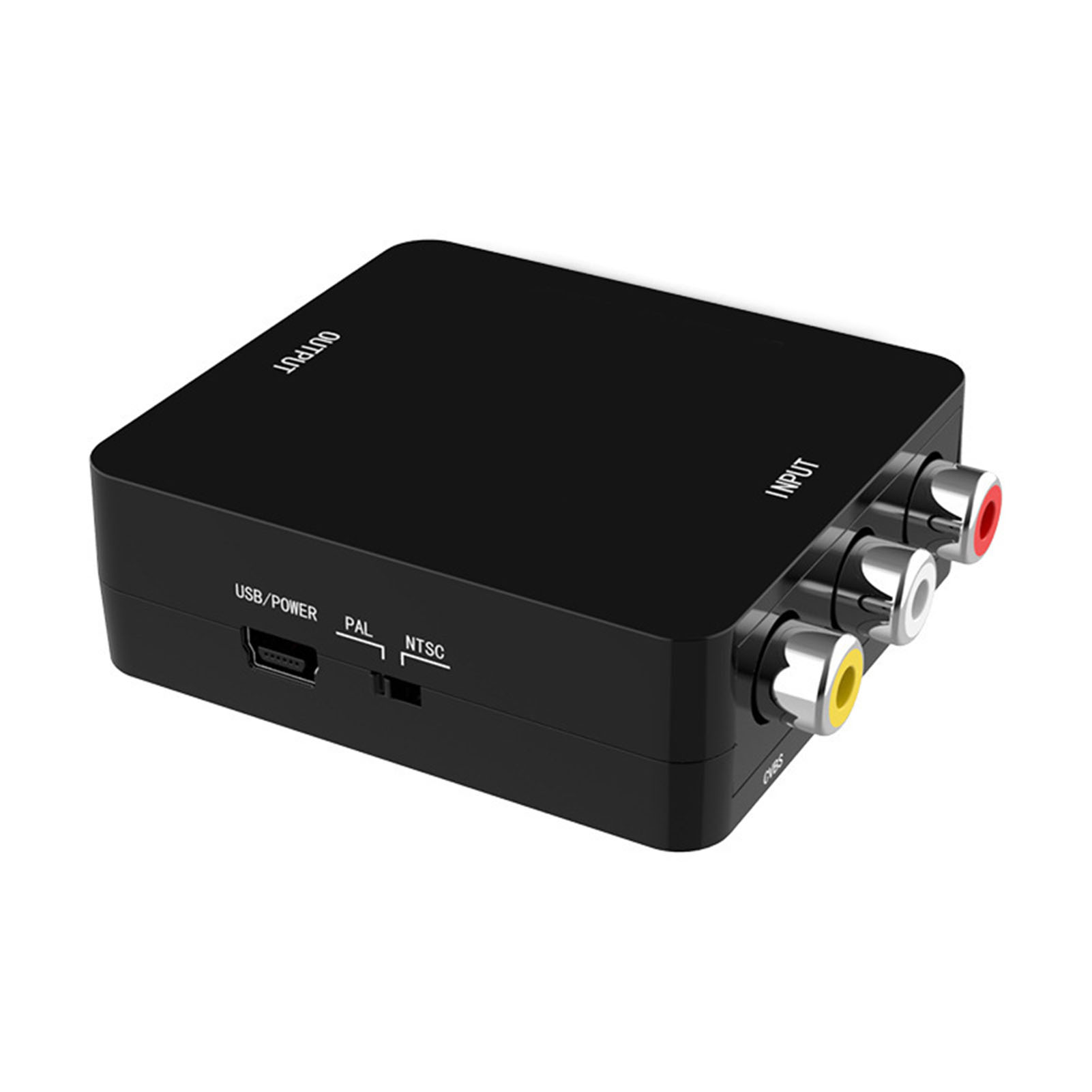 Schwarze Videokonverter-Box. Sie hat Eingangs- und Ausgangsanschlüsse sowie USB-, PAL/NTSC- und Stromoptionen.