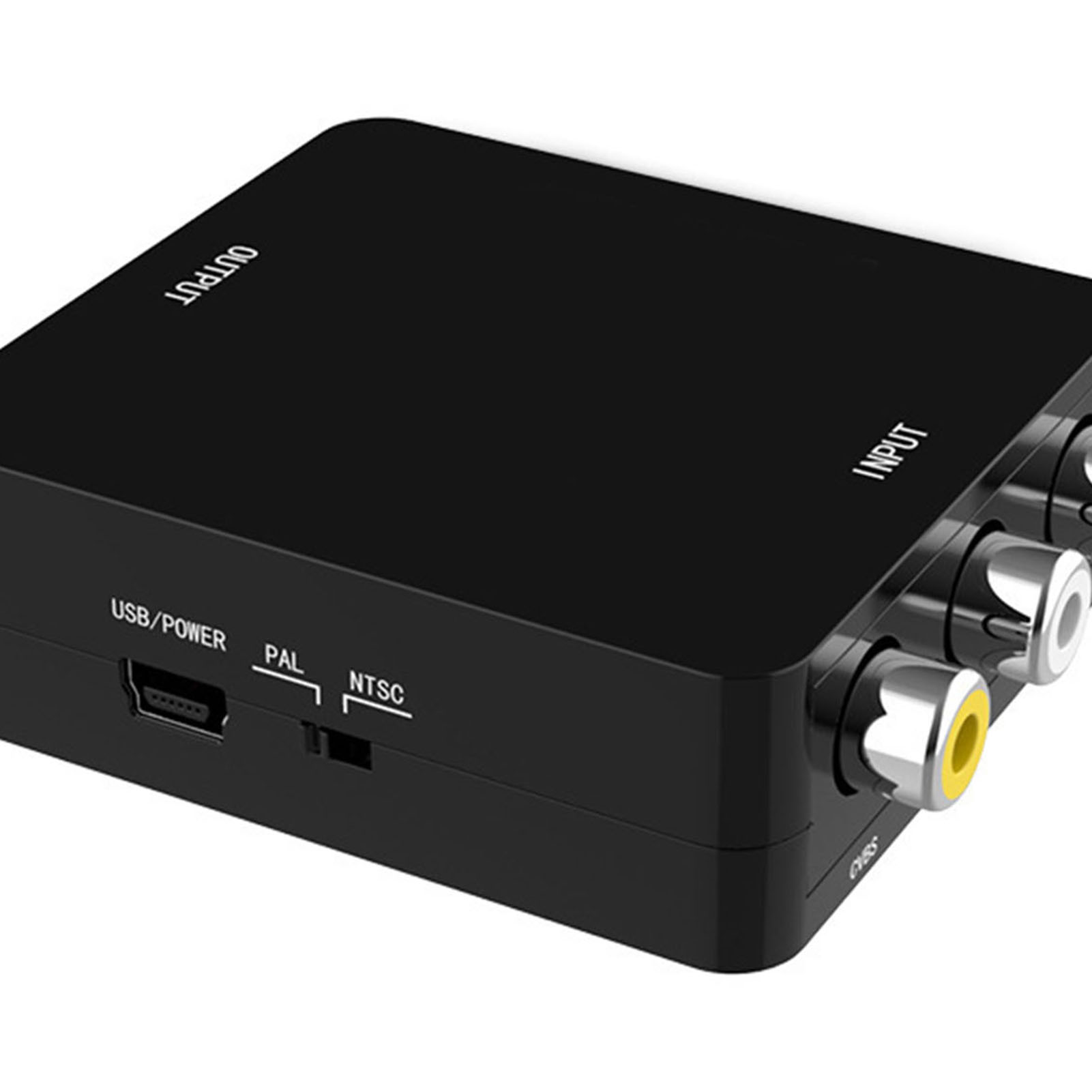 Ein schwarzer Videokonverter mit USB- und Cinch-Anschlüssen.