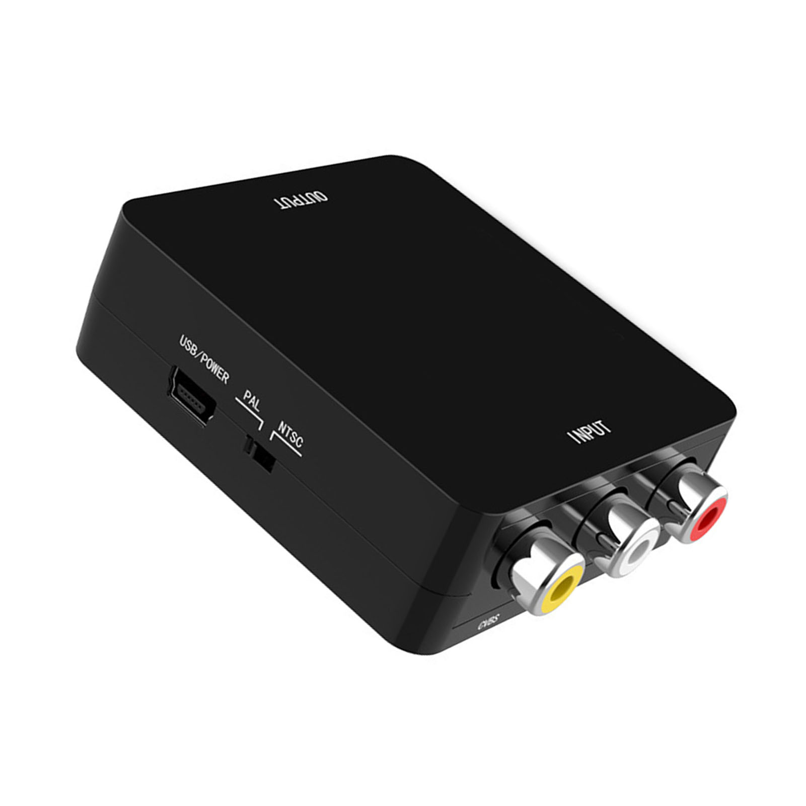 Schwarzer Videokonverter mit Eingangs- und Ausgangsanschlüssen. Hat USB-, PAL-, NTSC-Anschlüsse.