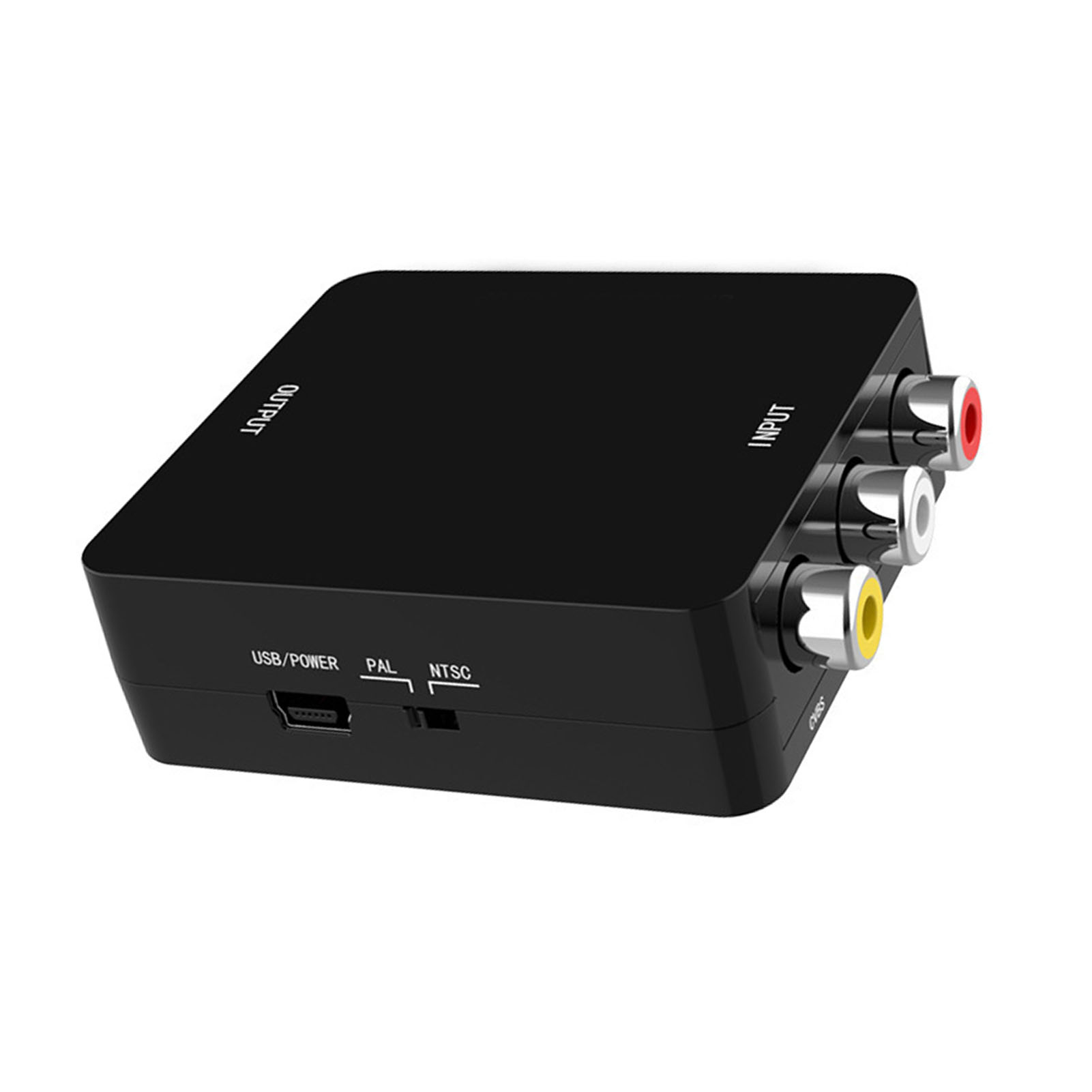 Schwarzer Videokonverter mit Eingangs-/Ausgangsanschlüssen und USB/Strom.