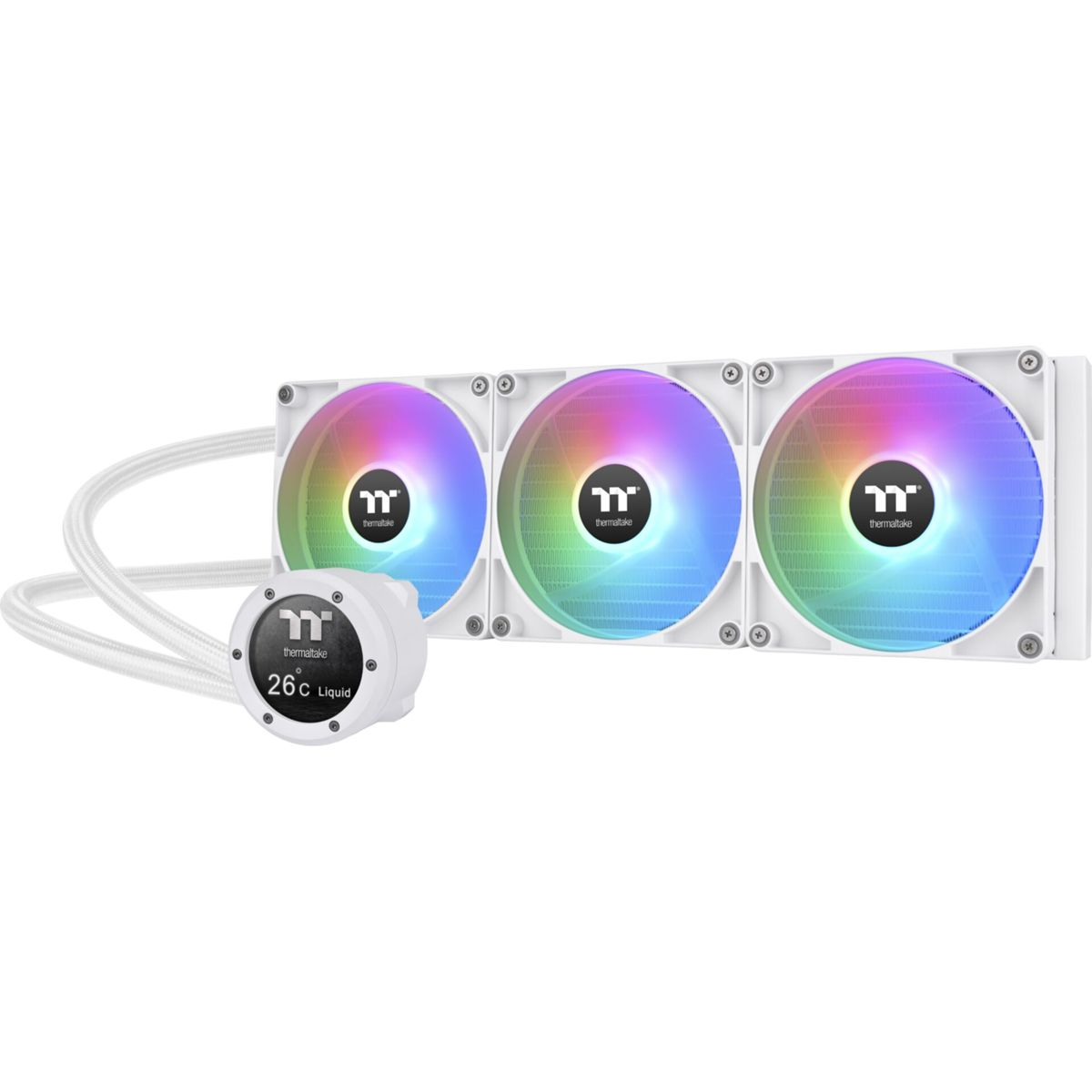 Dissipatore a liquido con tre ventole con luci colorate. Il dissipatore ha una pompa con display digitale.