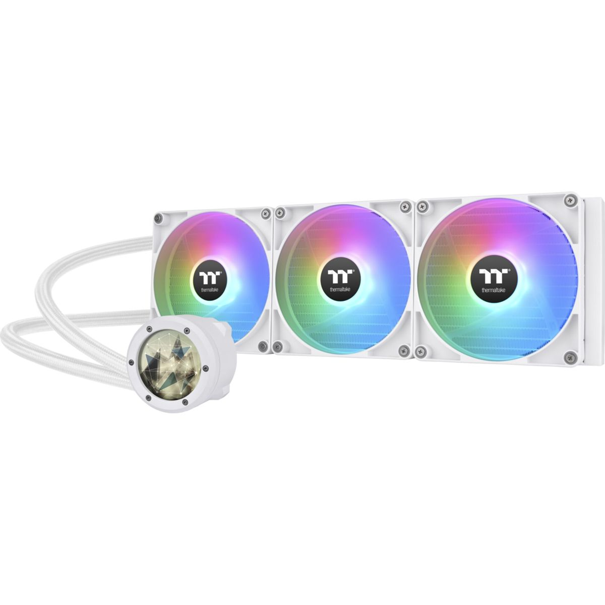 Dissipatore a liquido con tre ventole con luci colorate e una pompa con display digitale. Colore bianco.