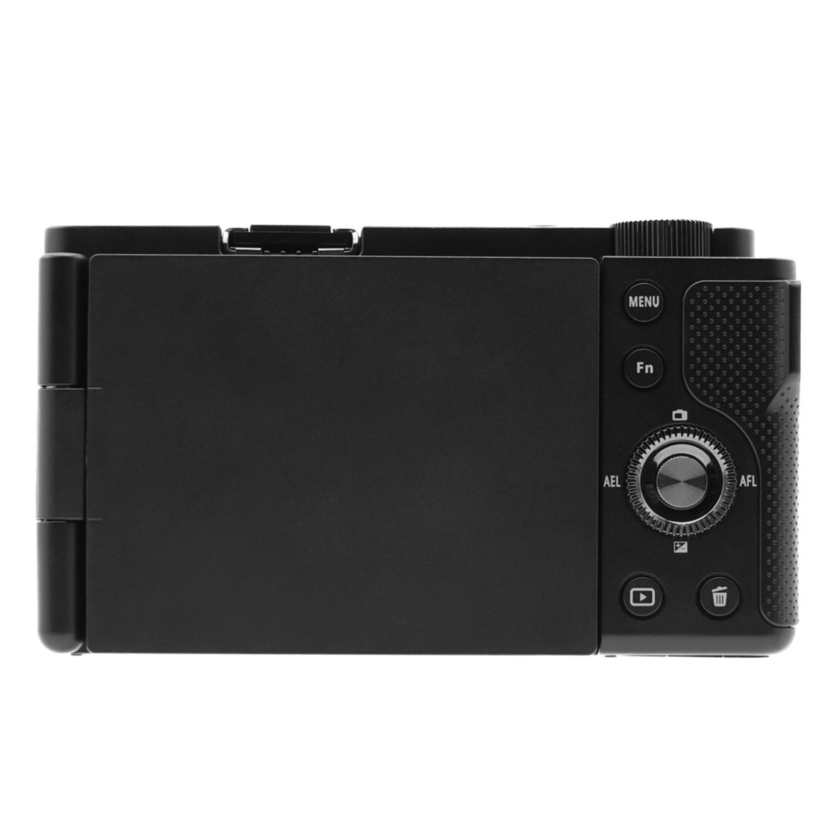 Czarny aparat, widok z tyłu, z przyciskami i pokrętłem po prawej stronie.