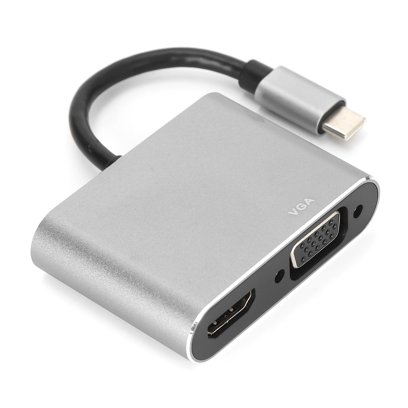 Silberner Adapter mit VGA- und HDMI-Anschlüssen sowie einem USB-C-Anschluss.