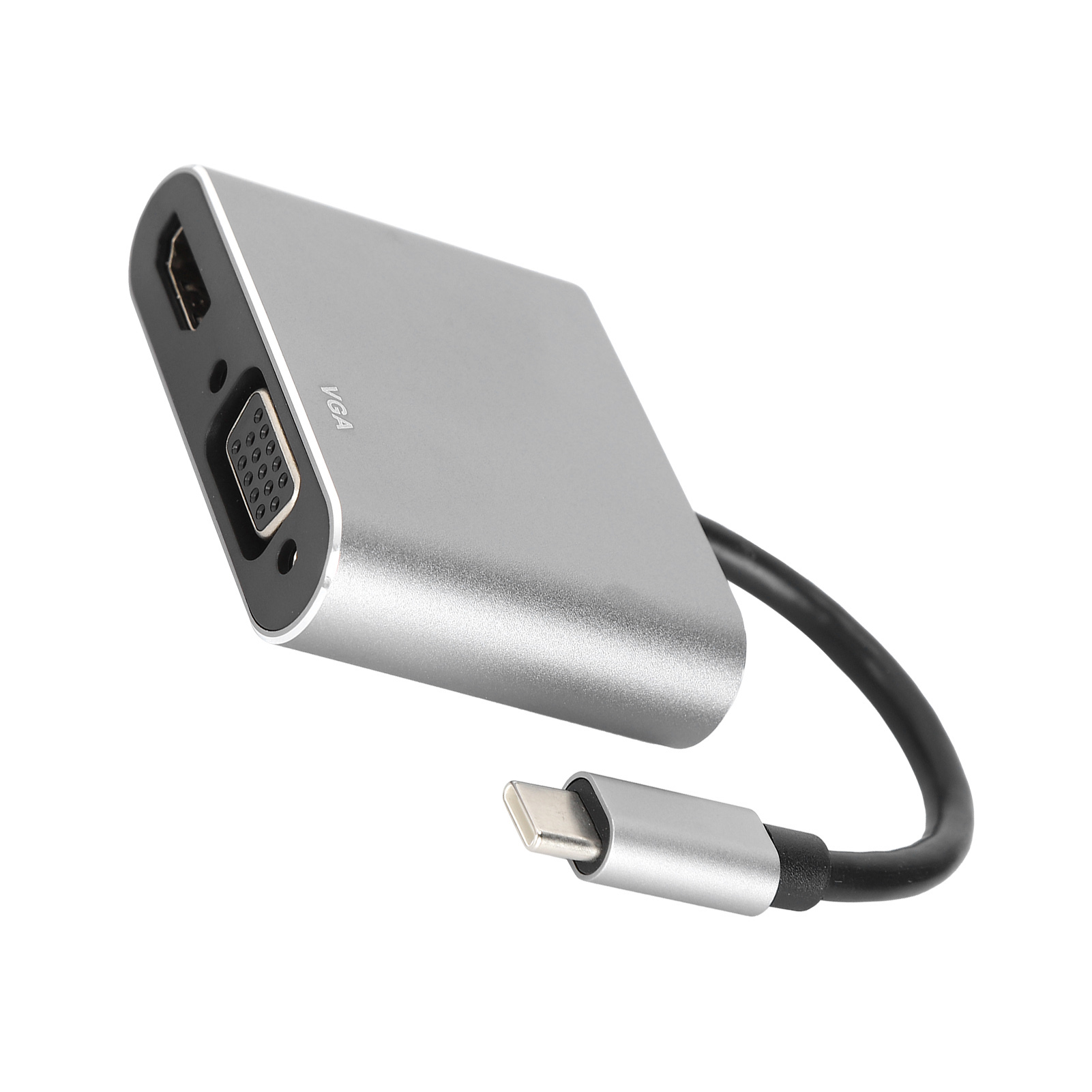 Silberner Adapter mit VGA- und HDMI-Anschlüssen, schwarzem Kabel und USB-C-Anschluss.