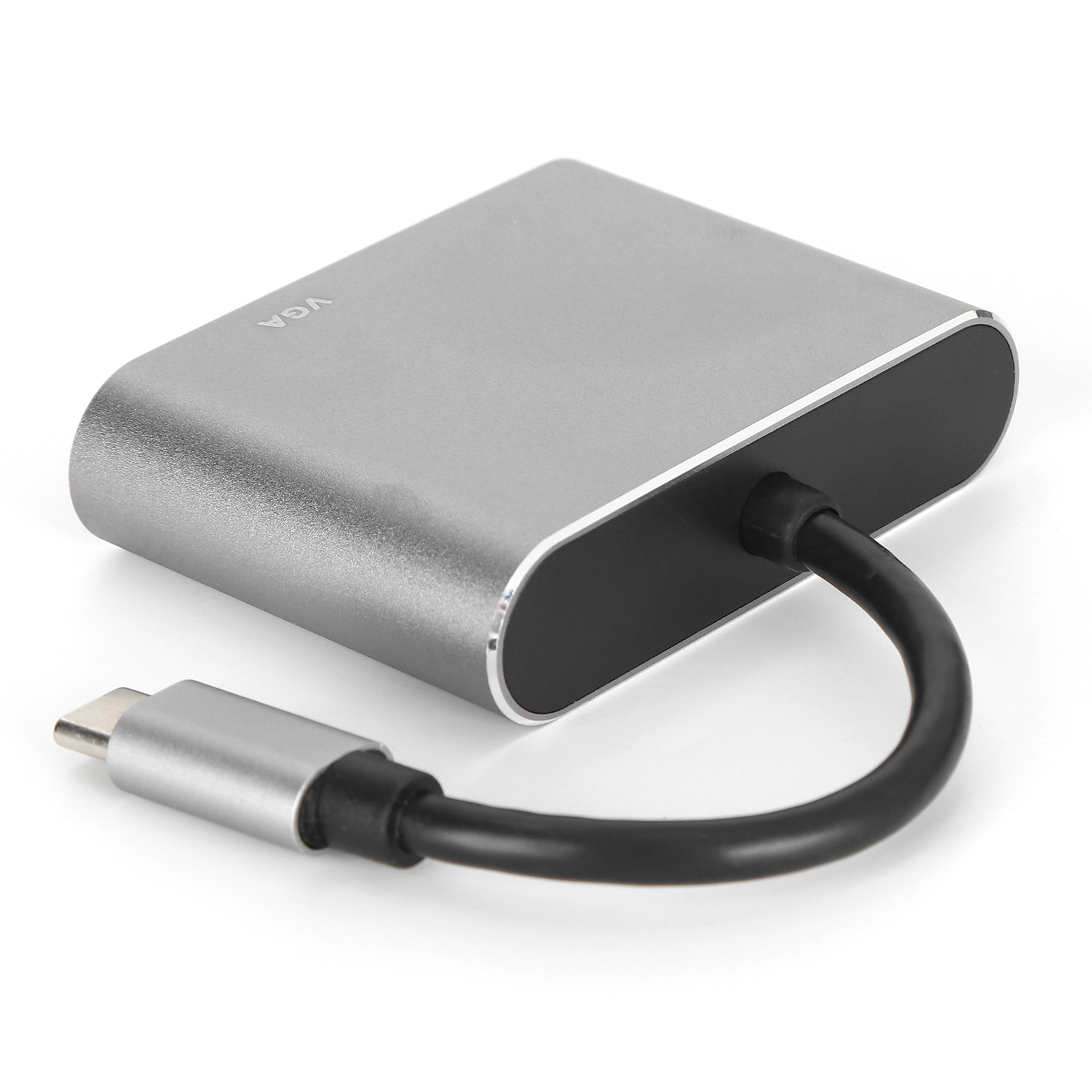 Silberner VGA-Adapter mit schwarzem Kabel und USB-C-Anschluss. Weißer Hintergrund.