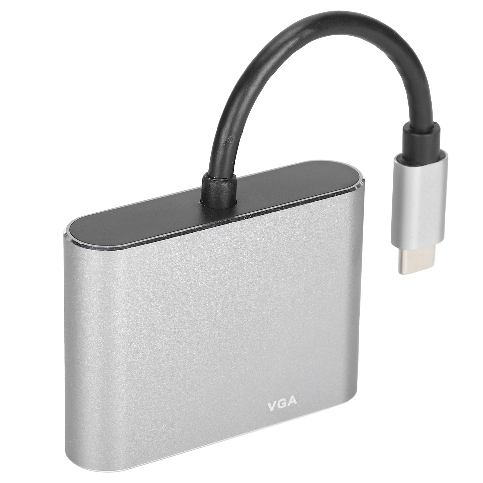Silberner VGA-Adapter mit schwarzem Kabel und USB-C-Anschluss. Weißer Hintergrund.