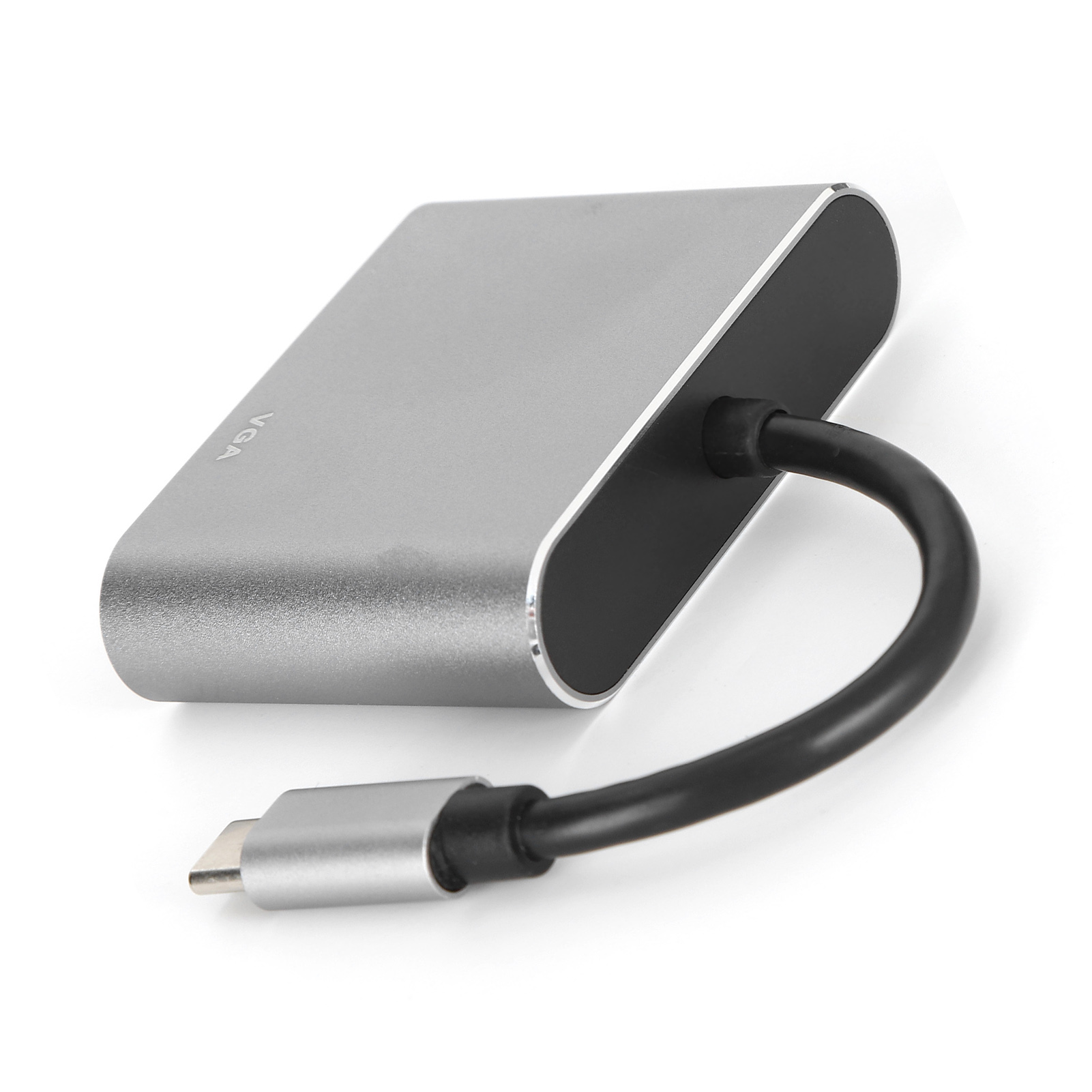 Silberner Adapter mit VGA-Anschluss, schwarzem Kabel und USB-C-Anschluss.