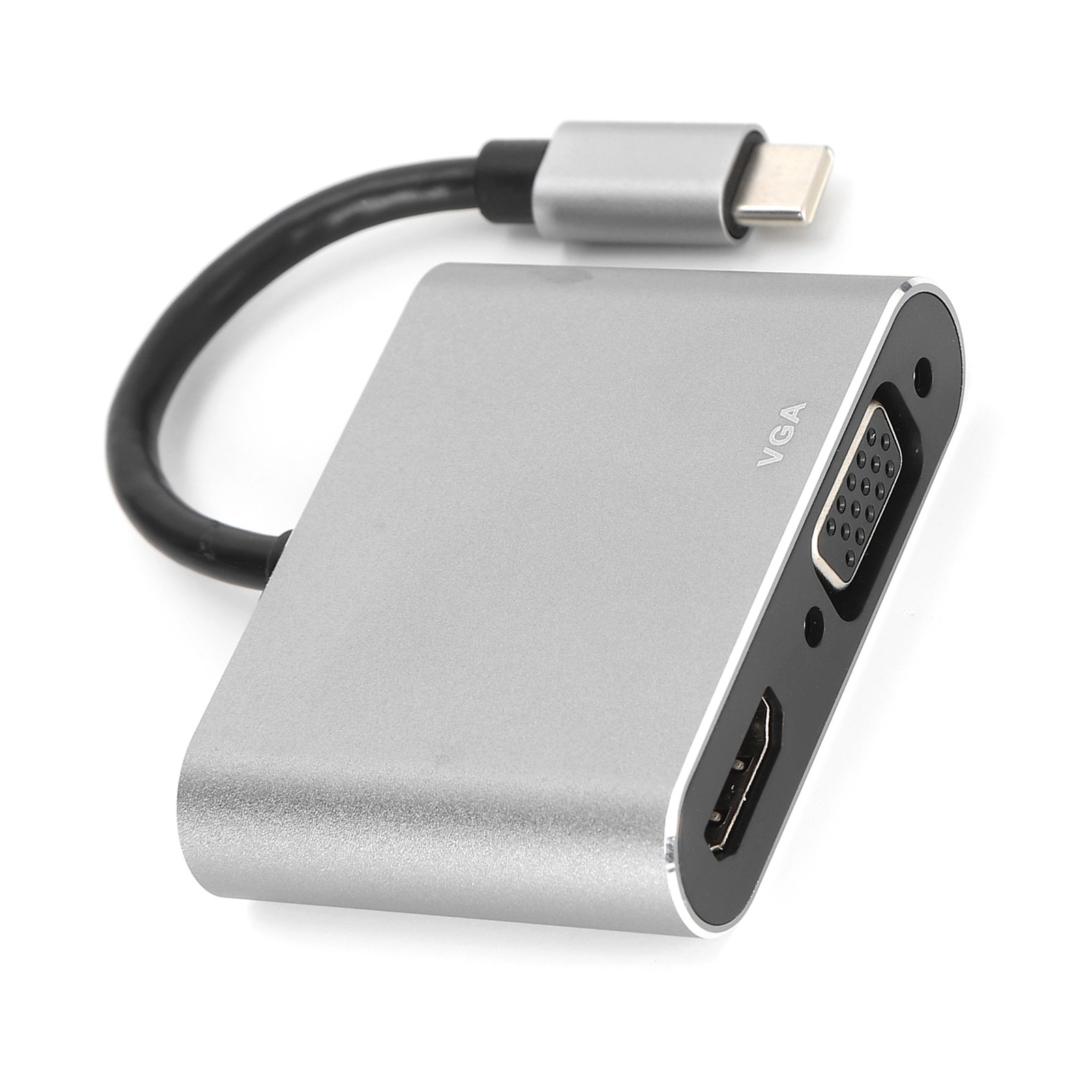 Silberner Adapter mit VGA- und HDMI-Anschlüssen, schwarzem Kabel und USB-C-Anschluss.