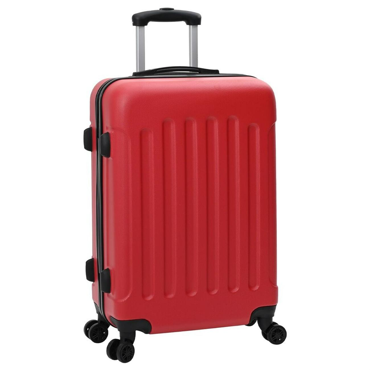Roter Koffer mit schwarzem Griff und Rollen, mit Rippen.