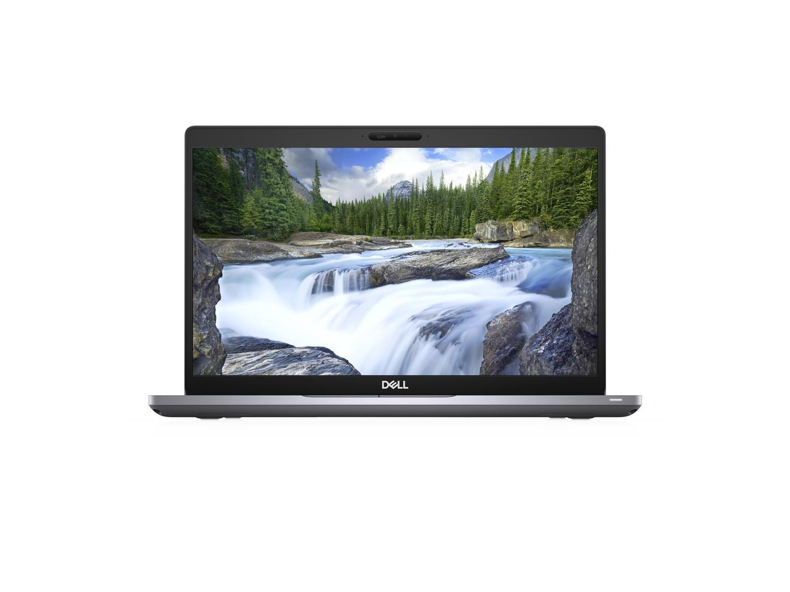 Laptop mit einem Bildschirm, der eine Wasserfallszene zeigt. Graues Gehäuse, schwarze Ränder. Weißer Hintergrund.