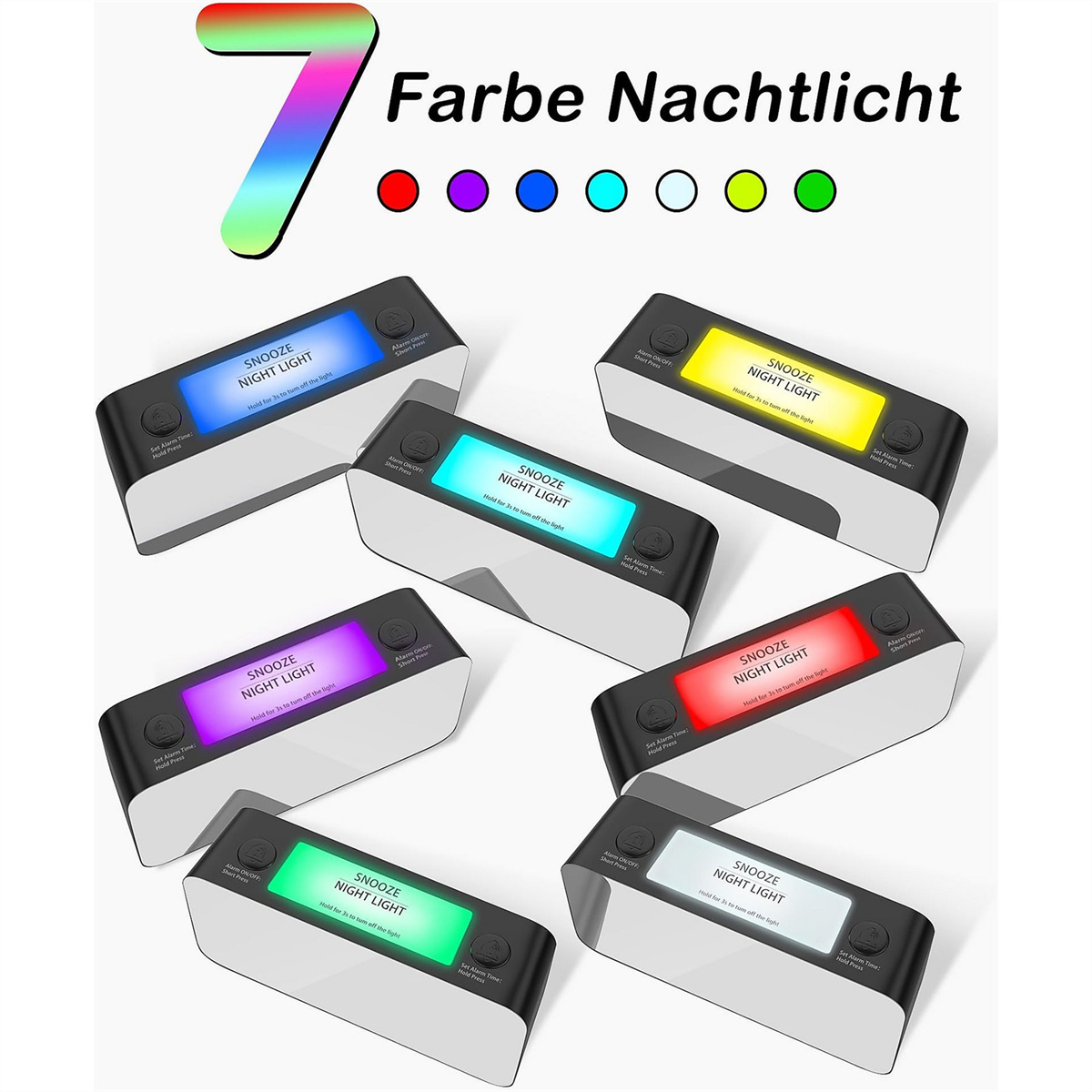 Sieben Wecker, jeder mit unterschiedlichen Farben. Anzeige zeigt Uhrzeit und Schlummer/Nachtlicht. Weißer Hintergrund.