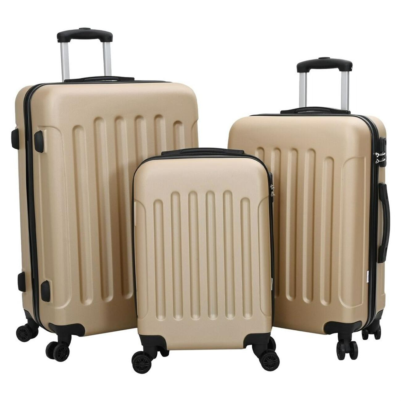 Drei beige Koffer in verschiedenen Größen. Schwarze Griffe und Räder. Weißer Hintergrund.