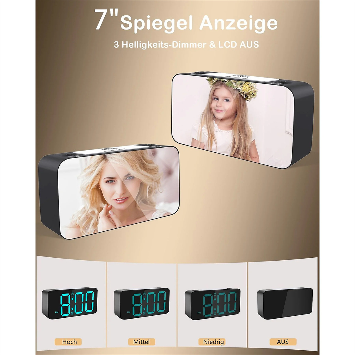 Schwarzer Wecker mit 7" Spiegelanzeige. Zeigt die Zeit und Helligkeitseinstellungen an.