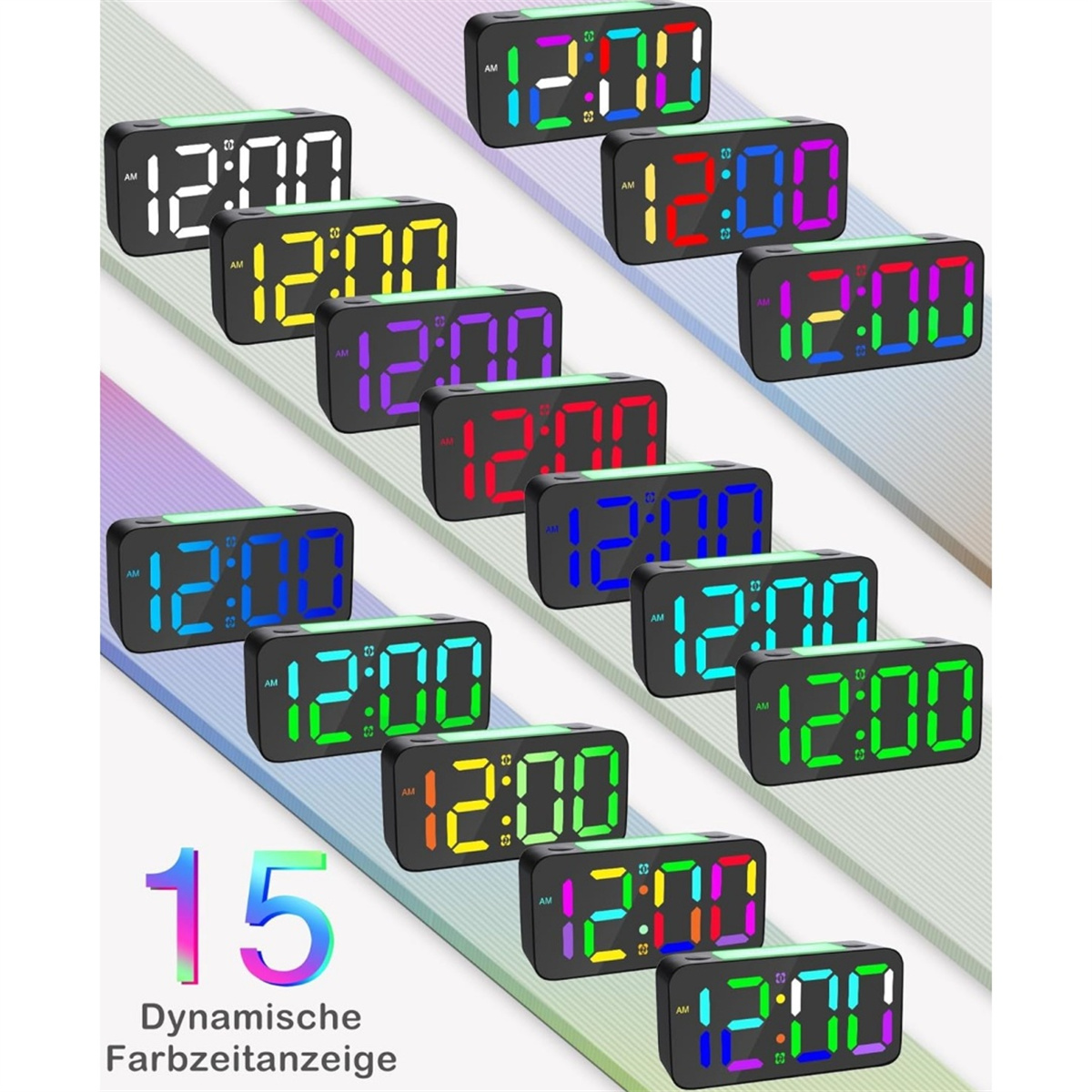 Fünfzehn Digitaluhren mit der Anzeige 12:00 mit verschiedenen Farbanzeigen.
