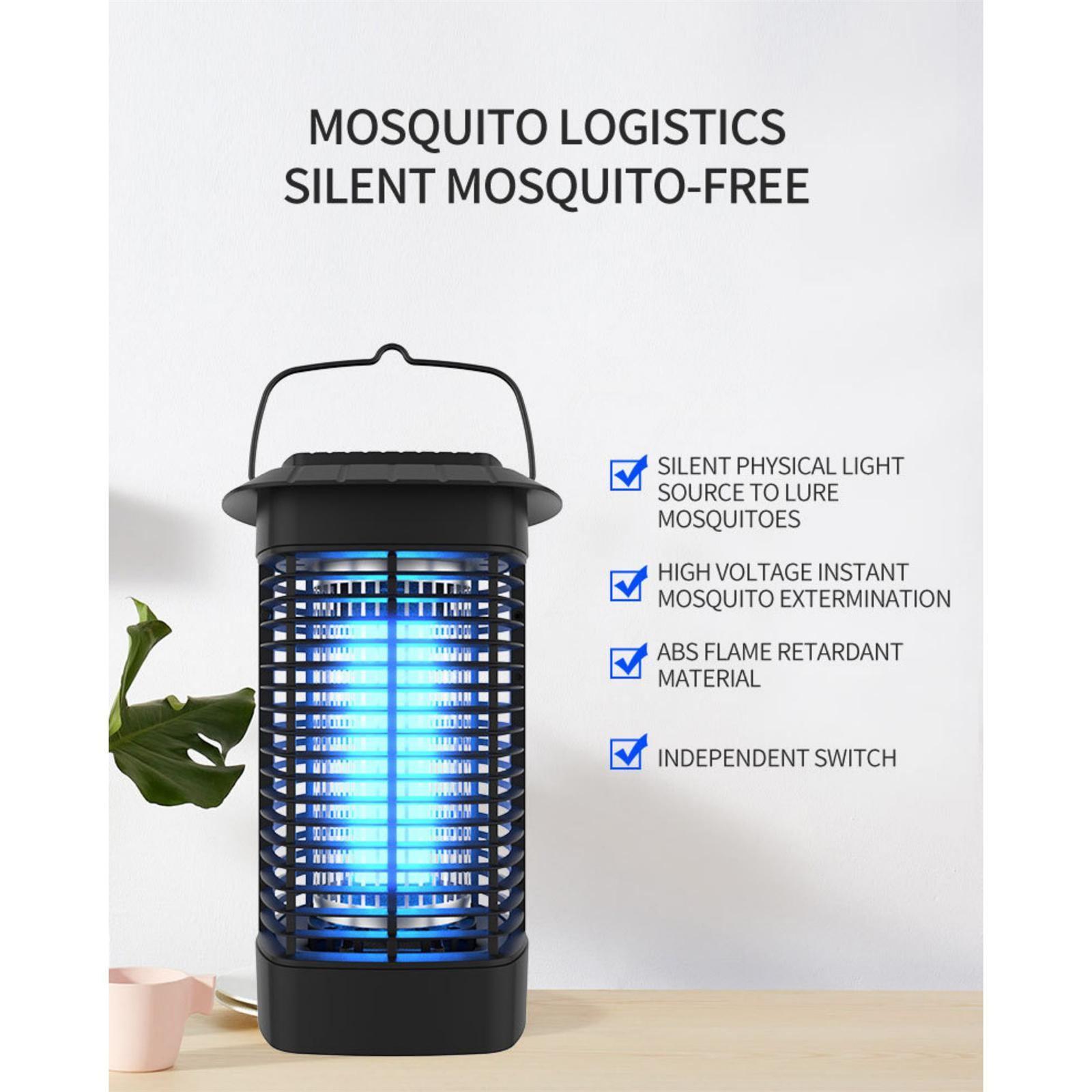 Moskito-Killer-Lampe mit blauem Licht und Text über geräuschlosen, moskitofreien Betrieb.