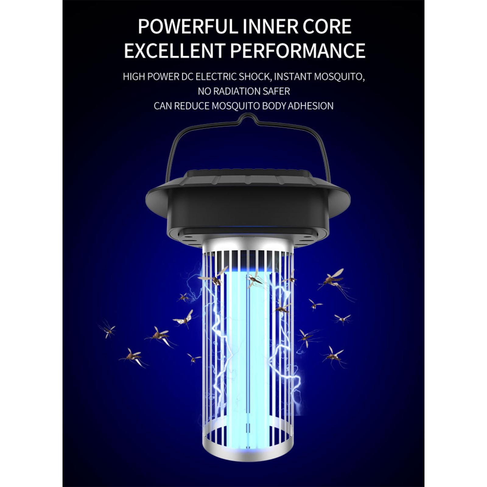 Moskito-Killer-Lampe mit blauem Licht, umgeben von Moskitos, vor dunklem blauem Hintergrund.