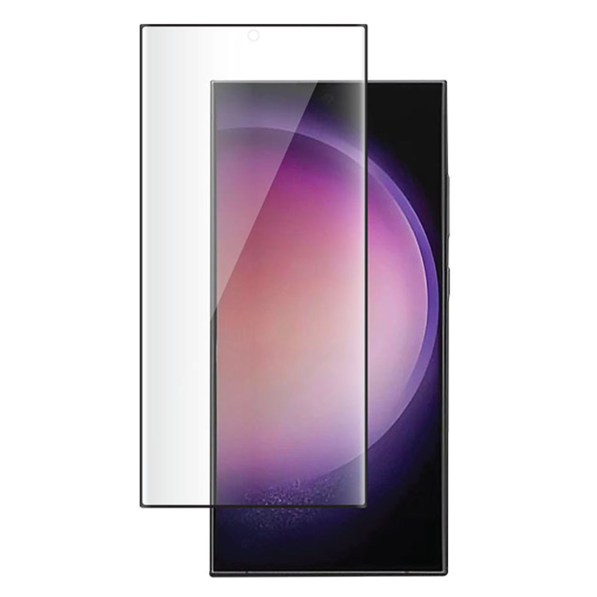 Telefoonschermbeschermer. Helder, rechthoekig glas over een zwart telefoonscherm. Witte achtergrond.