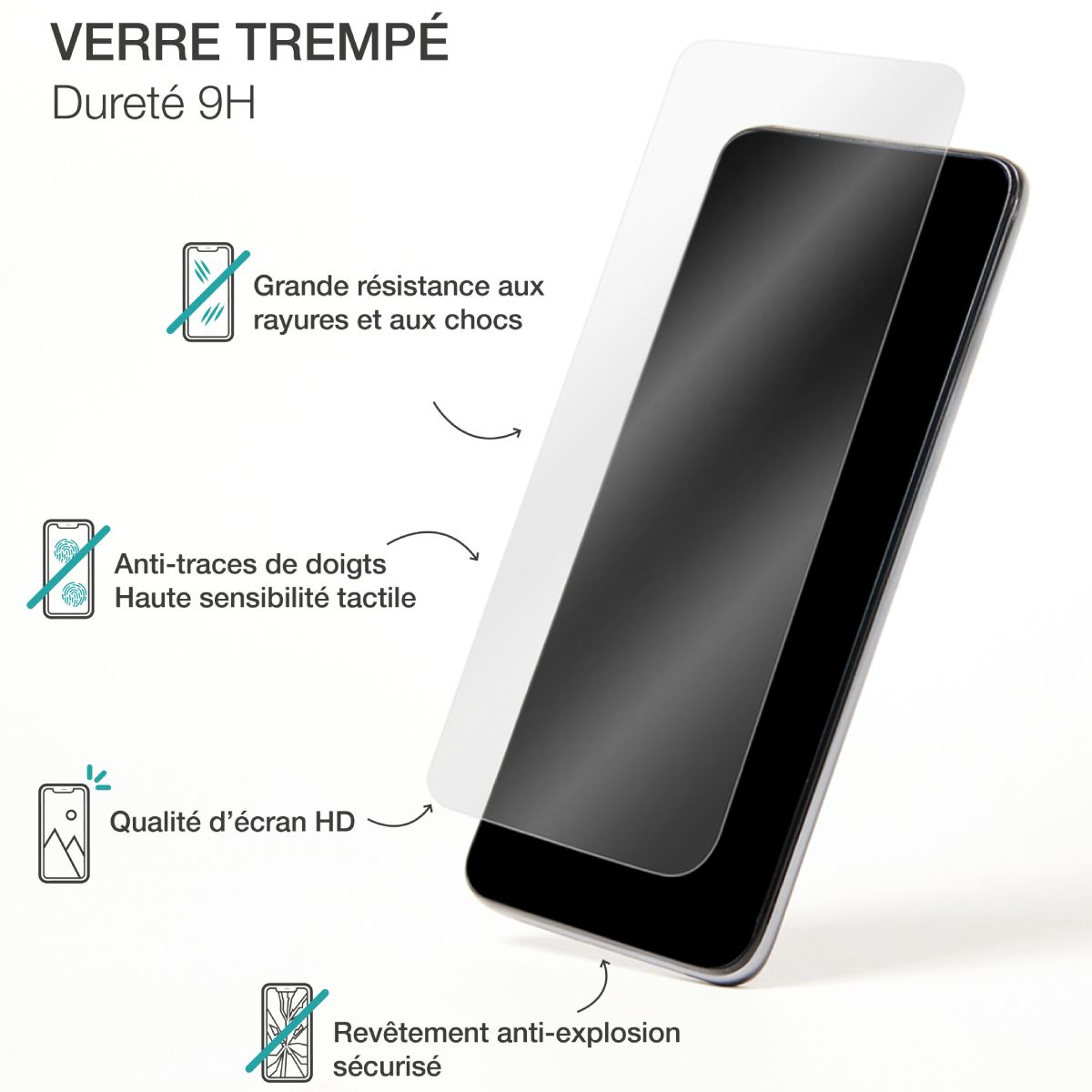 Telefoon met schermbeschermer. Helder glas over scherm. Tekst: krassen, vingerafdrukken, HD-kwaliteit.